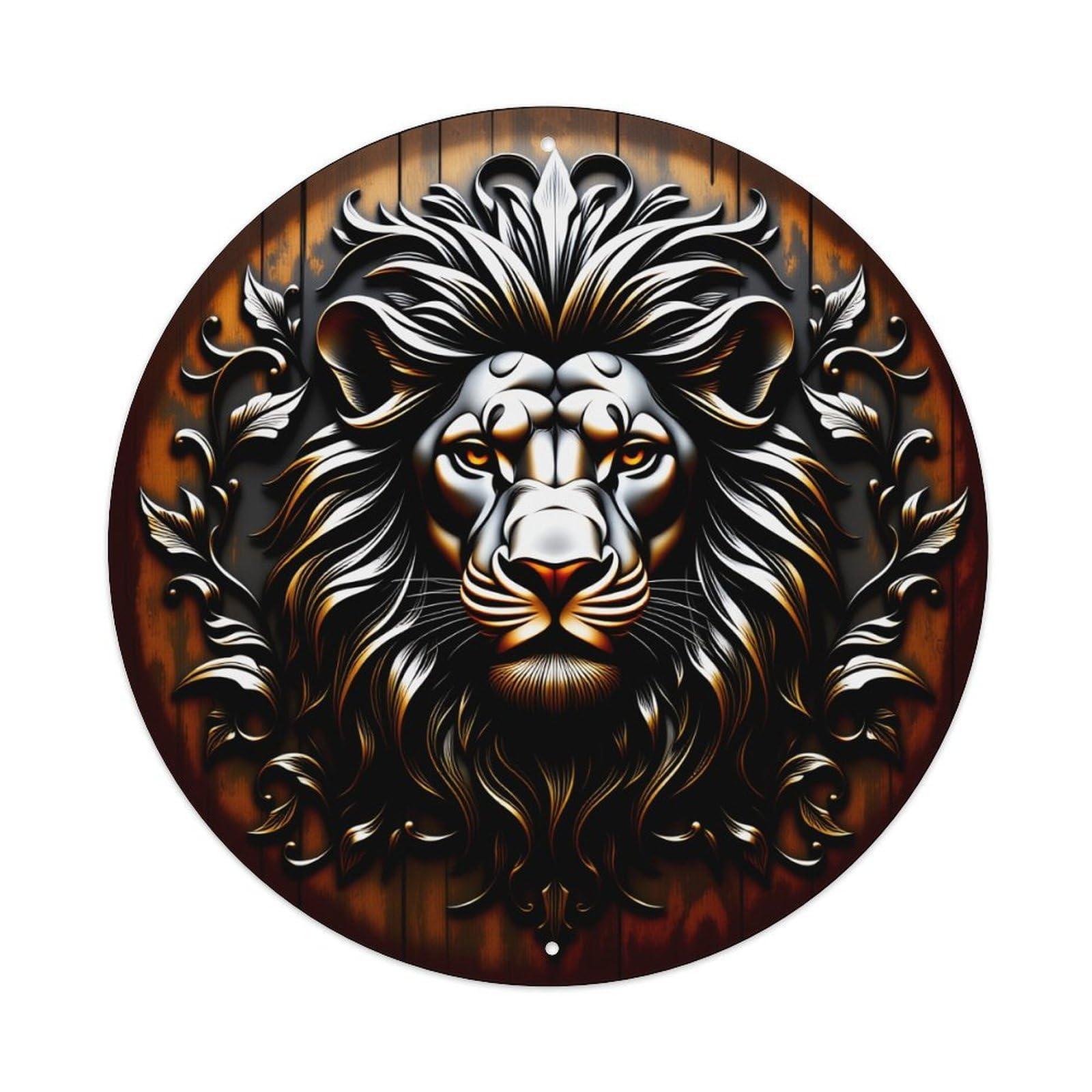 Wmlzdnwr Vintage Lion Head With Intricate Floral Design On Wooden Background Round Tin Sign,Retro Wall Art,Metal Poster For Home, Bar, Garage, Cafe, Rustic Indoor & Outdoor Decor, 8X8 Inches