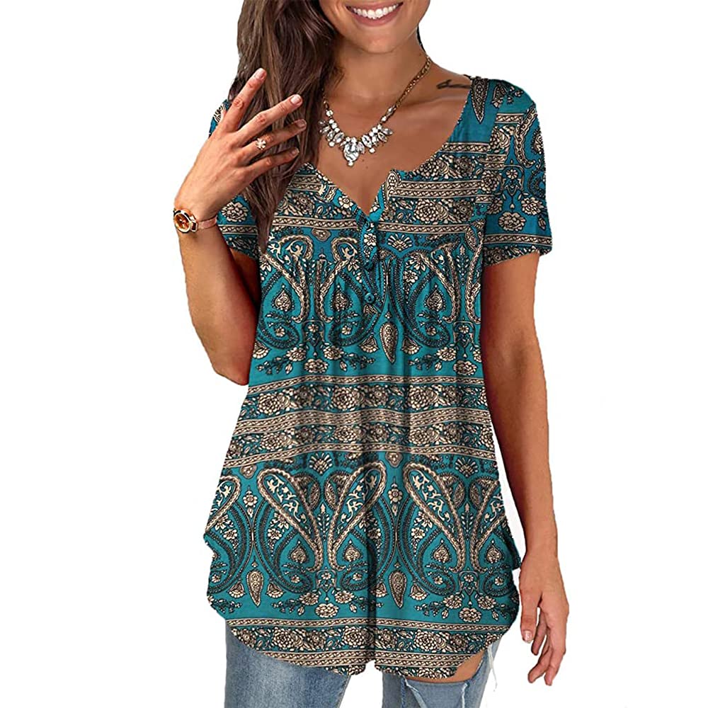BAINA Camiseta para mujer con cuello en V, camiseta de verano, informal, holgada, tallas grandes, túnicas para mujer, camiseta larga, blusa de gran tamaño, manga corta, M - 4XL