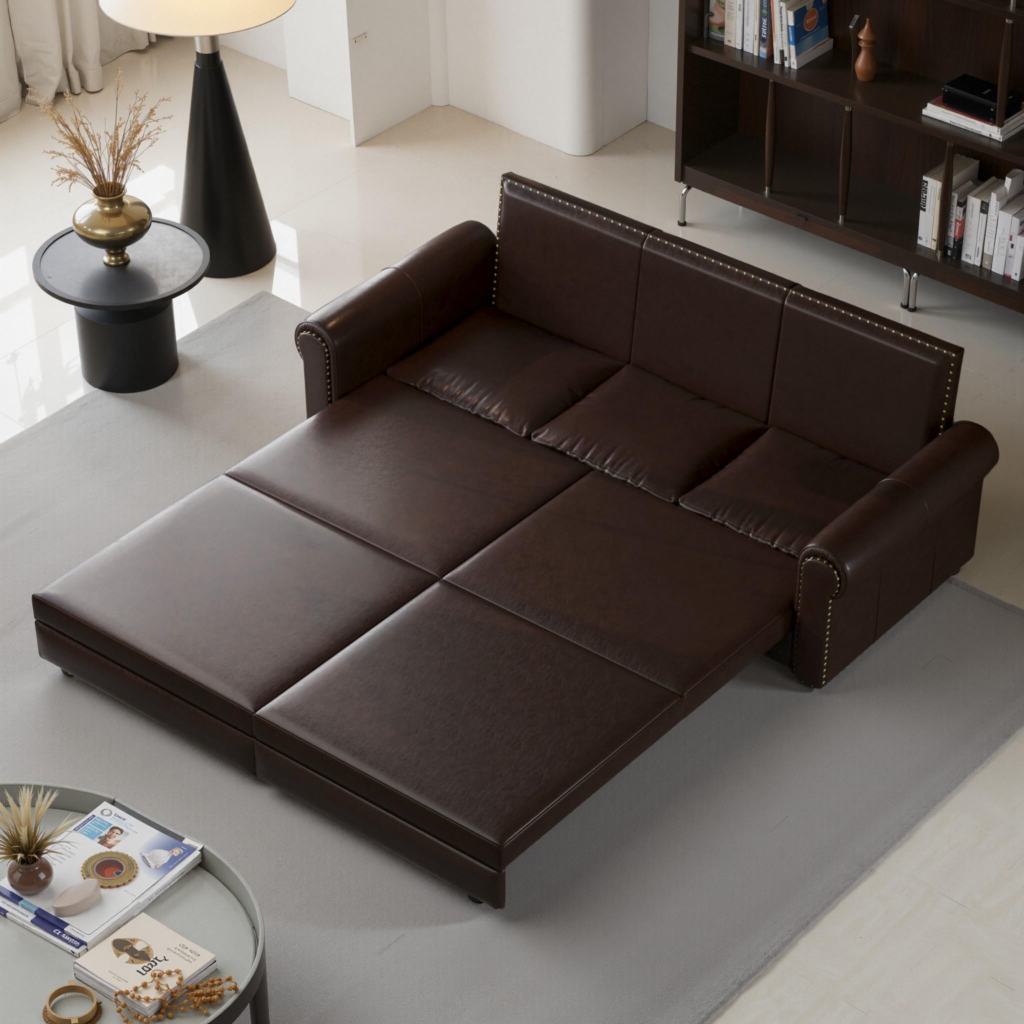 93.7" King Size Pull Out Sofa Bed, 3-in-1 Convertible Sleeper Sofa with Side Storage, Folding Floor Sofa Lounge Couch, Faux Leather Loveseat Bed for Living Room, Bedroom, Office, Dark Brown