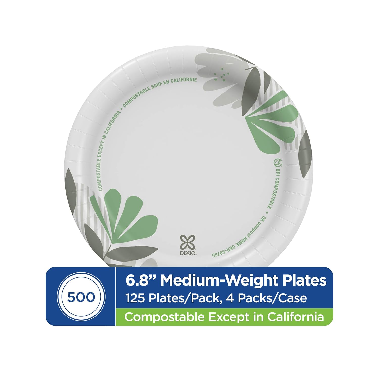 Dixie 6.8 Inch Medium-Weight Paper Plates By GP PRO, Pathways Botanical Design, 500 Count (125 Disposable Plates Per Pack, 4 Packs Per Case), UX7WS