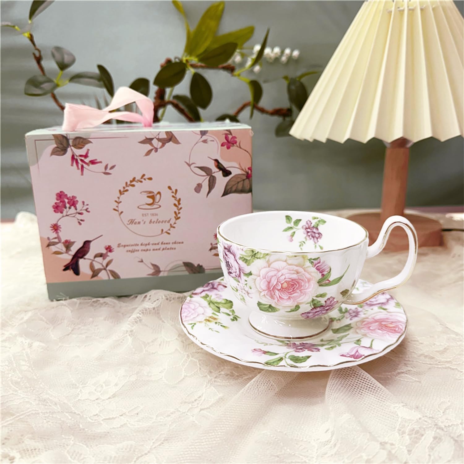 fanquare Porcelain Tea Cup and Saucer Set, Vintage Floral Coffee Mug, 5 Ounces Bone China Tea Cup with Gold Trim, Elegant British Tea Cups - Image 4