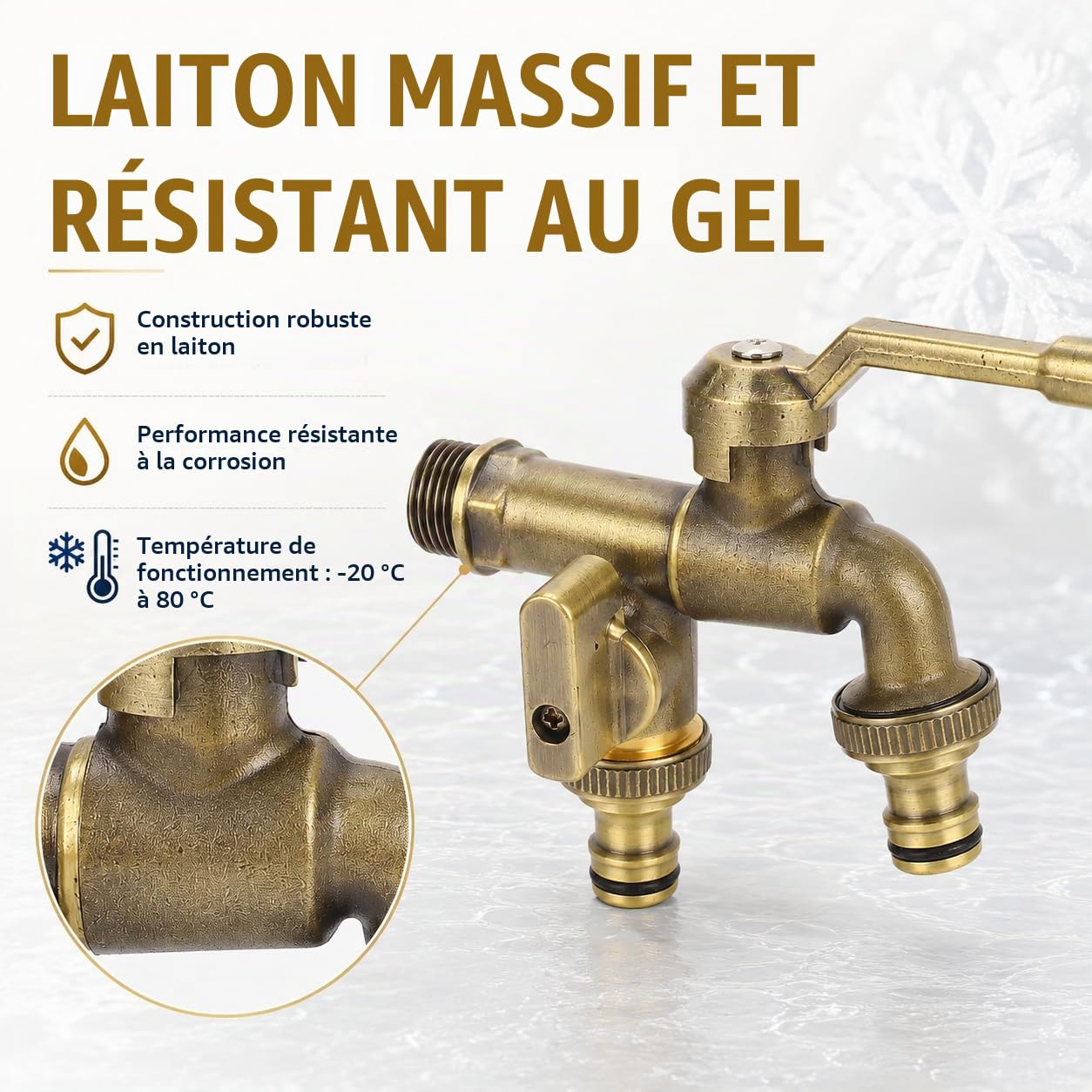 Robinet d'eau en Laiton Double Exterieur Jardin, 3/4 Pouces Robinet Double Sortie Extérieur Anti-gel, Robinet D'eau en Laiton Antique avec 2 Prises de 25 Mm Pour Jardin, Machine à Laver, Terrasse
