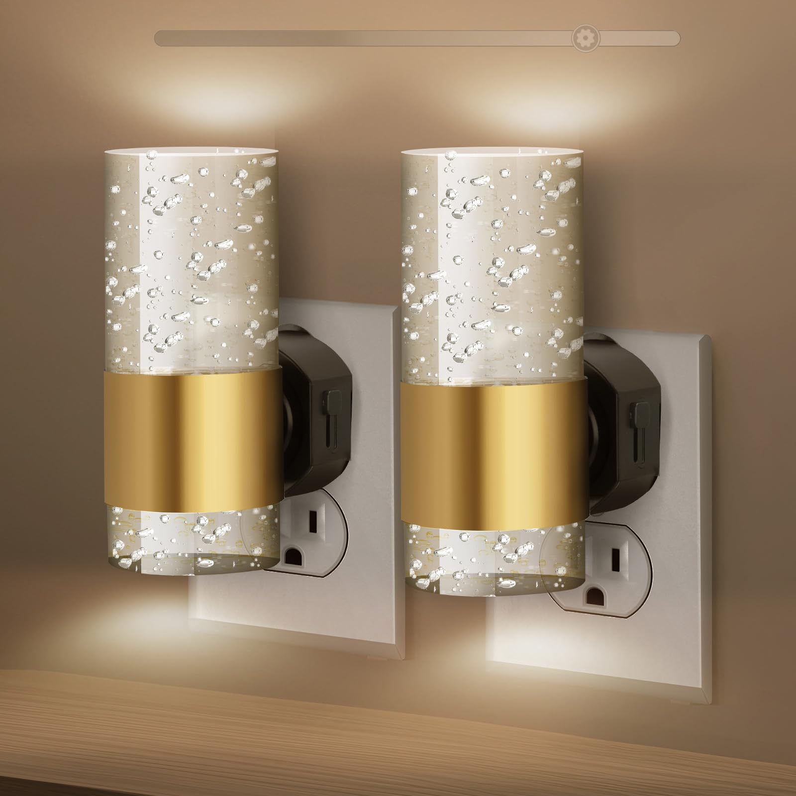 Lampka nocna LED z czujnikiem zmierzchu, nowoczesne oświetlenie ścienne, regulowana jasność, lampa z gniazdkiem wtykowym z przełącznikiem, lampa ścienna do salonu, sypialni, na klatkę schodową (złote