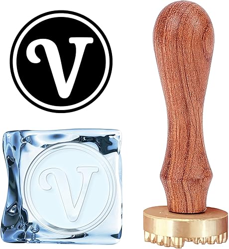 CRASPIRE Letra V - Sello de hielo con iniciales de 1.2 pulgadas con cabeza de latón extraíble, mango de madera, sello de marca de hielo para cóctel,