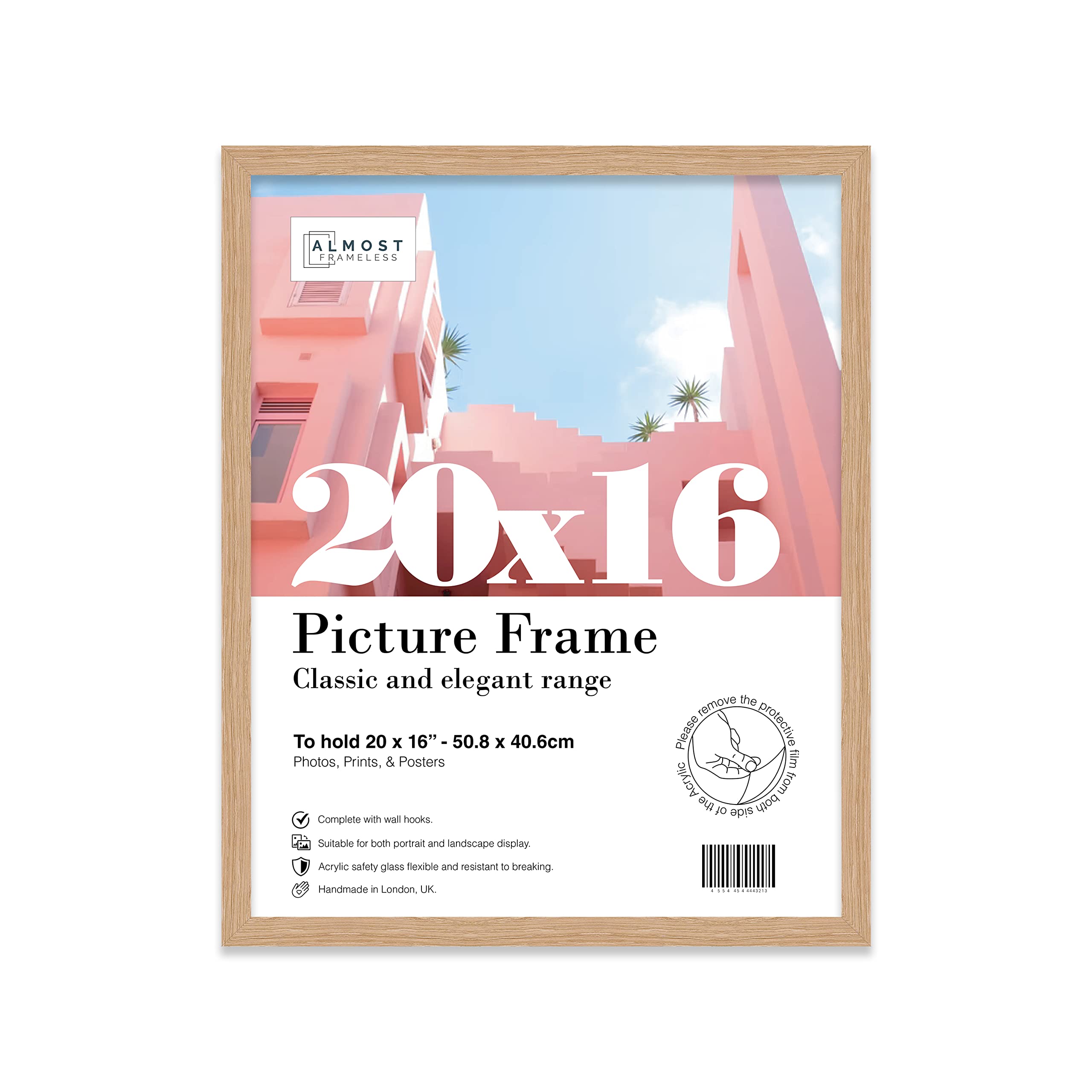 Almost Frameless 20x16 Oak Picture Frame 20"x16"(50.8x40.6cm) Poster, Photo, Artwork, or Print. Thin Edge Slim Frame Portrait and Landscape Display with Wall Hooks