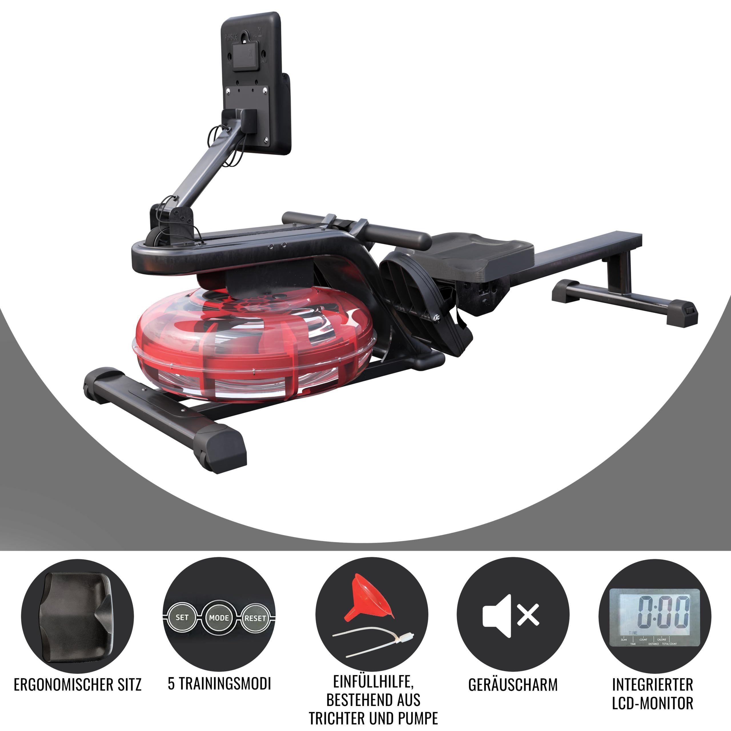 GORILLA SPORTS® Vogatore - ad Acqua, Pieghevole, Resistenza Idraulico, Regolabile, con Monitor LCD, Super Silenzioso, Guida di Scorrimento in Acciaio - Rematore, Cardio, Allenamento, Palestra Casa