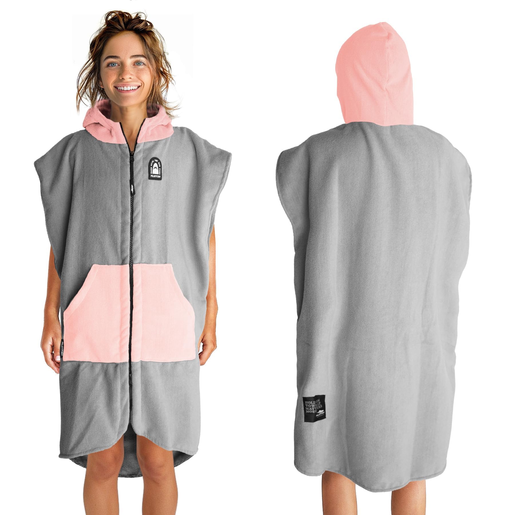 PilotfishSurf Poncho Changing Robe Towel - Hooded, Zippered Towel Poncho for Beach, Surfing, Swimming | 2 Front Pockets, Machine Washable, (Gray/Pink, Medium)