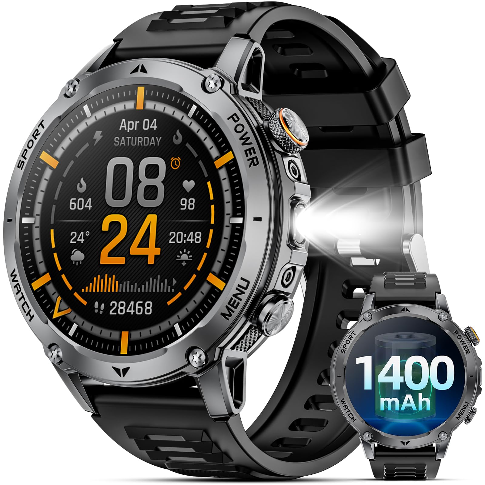 Military Smart Watches for Men, 2026 Fitness Smartwatch with 1400mAh, Answer/Make Calls, Heart Rate, SpO2 Monitor, Sleep Tracker, 100+Sports Mode, IP68 Waterproof Smartwatch for Android iPhone