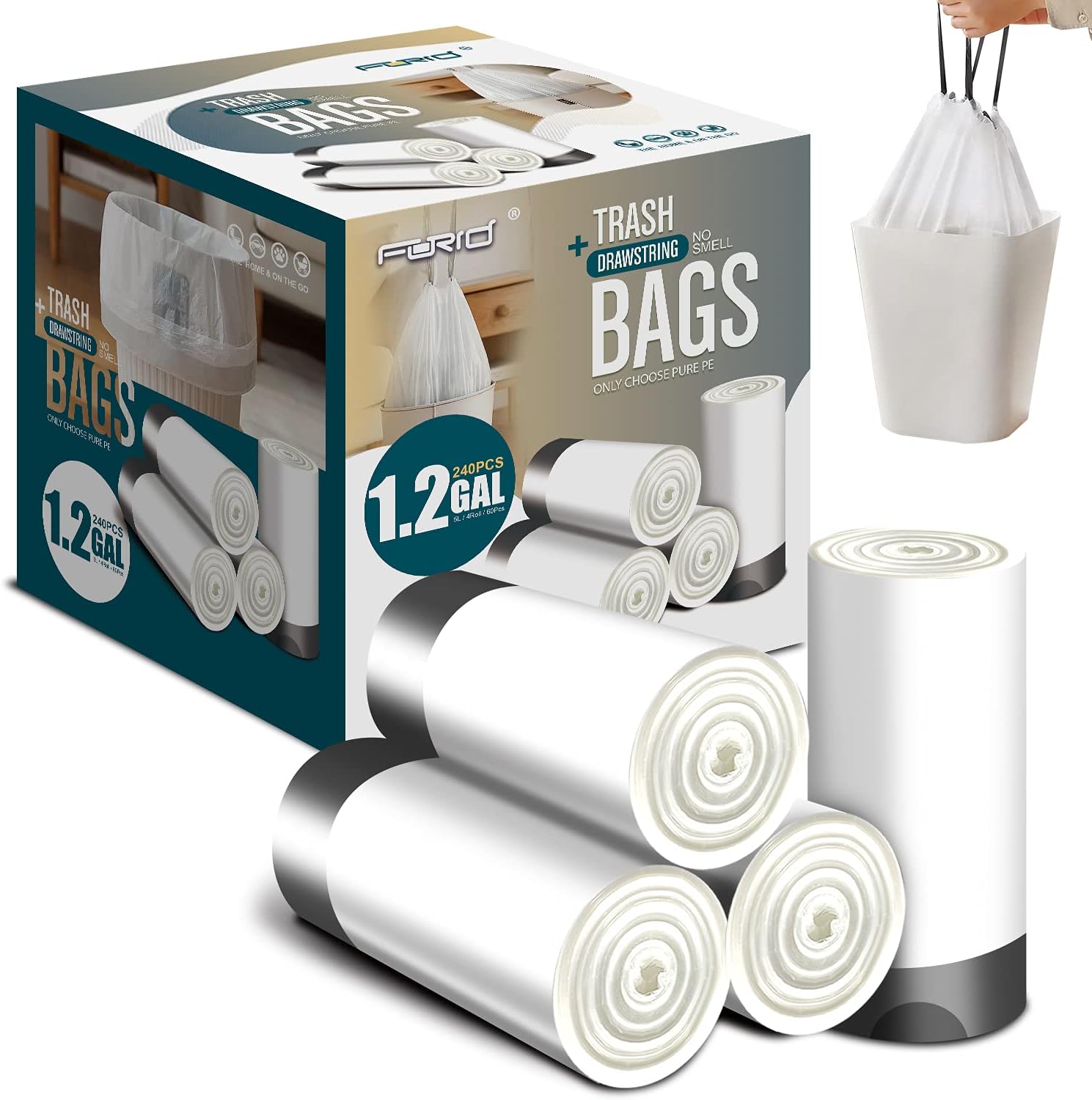 FORID Mini Drawstring Trash bags 1.2 Gallon White Plastic