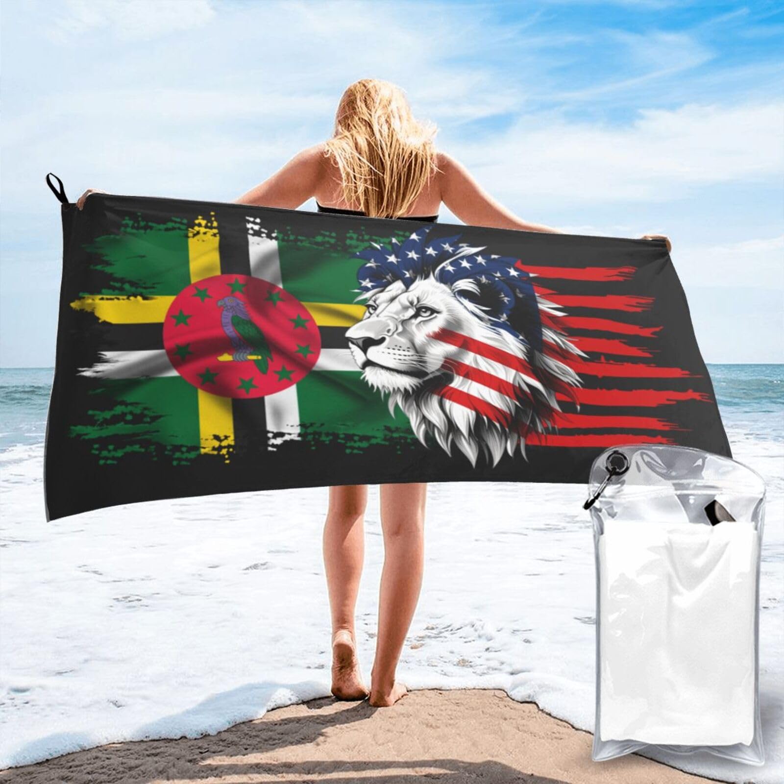 HACXZ Microfiber Beach Towel America Flag and Dominica Flag Large Camping Towel Bathroom Beach Towels