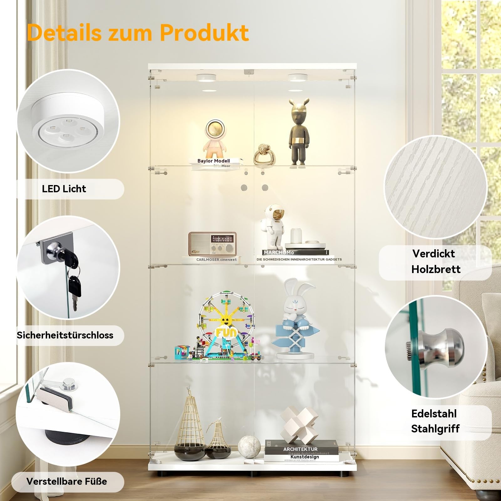 Vitrine En Verre Trempé Avec éclairage LED – 2 étagères, Porte Verrouillable, Pour Collection Ou Décoration