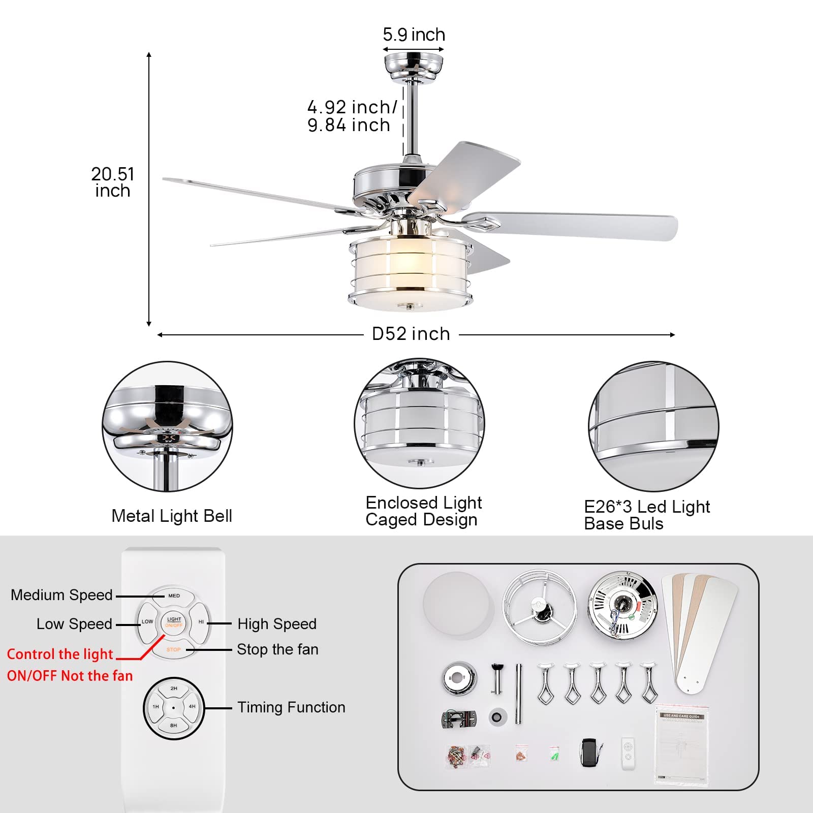 Suesen 52Inch Ceiling Fan Light,5 Blades Ceiling Lighting Fan with Shade/Remote Control/Timer/3-Speed,Chandelier Ceiling Fans for Kitchen/Living Room/Bedroom/Office,Chrome