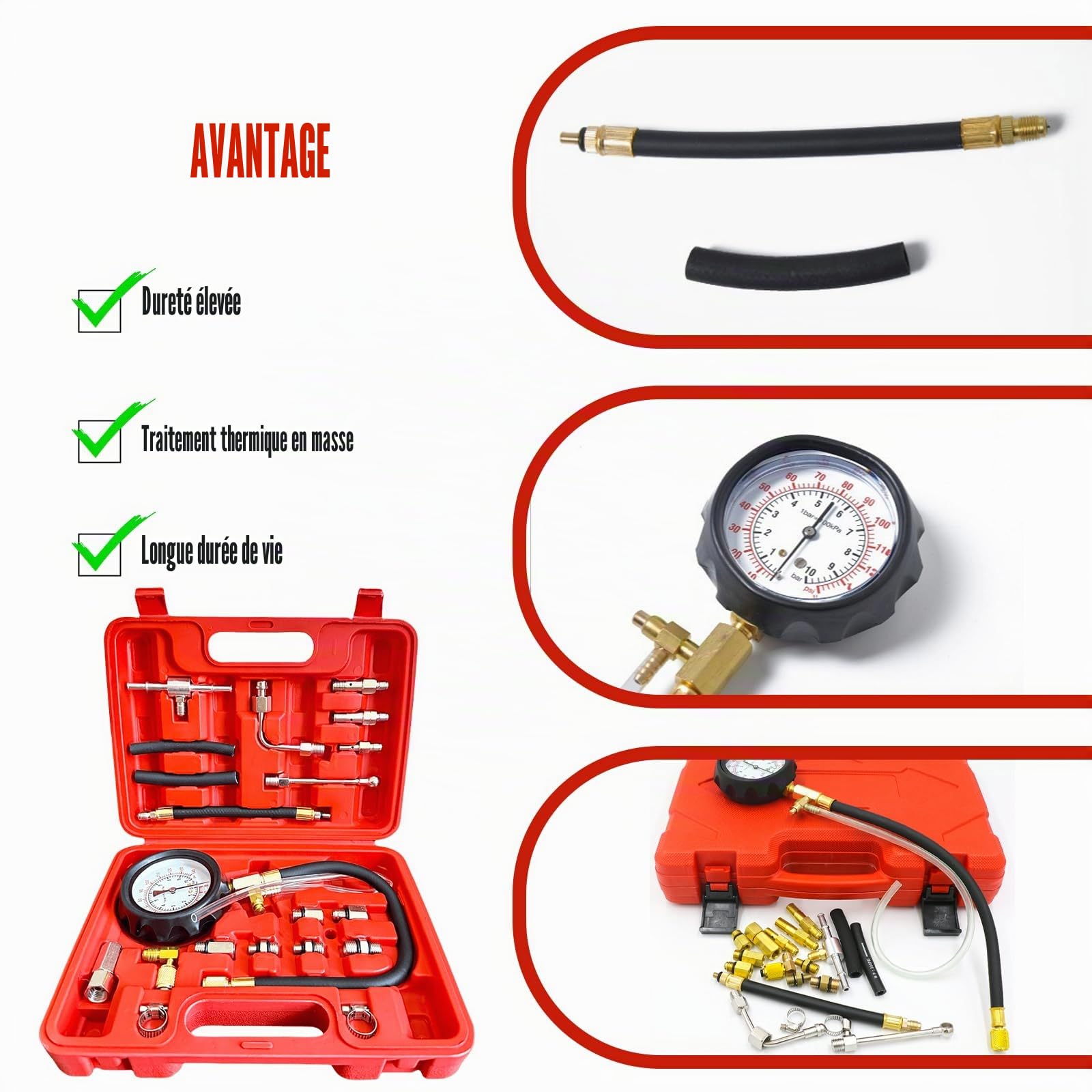 Leikurvo 0-140PSI/10 Bar Testeur de Pression de Carburant Manomètre Testeur de Pression de Carburant Pompe à Essence Kit Testeur de Pression Essence Outil de Diagnostic Détection de Pression de