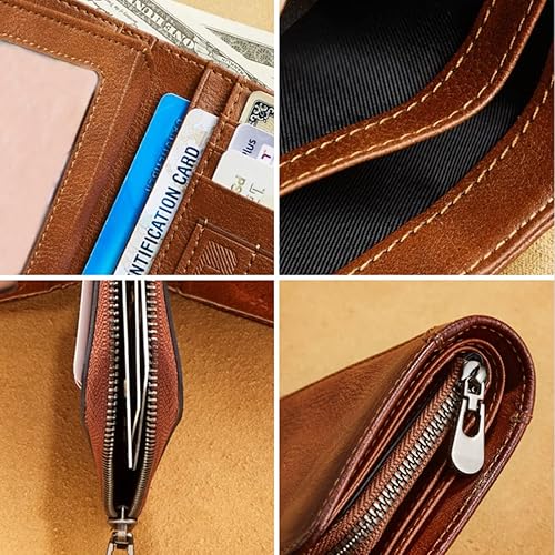 Miniatura 5 de Cartera de cuero genuino para hombre, con bloqueo RFID, plegable, con cremallera, bolsillo para monedas, multitarjetero, color marrón, Marrón, Retro