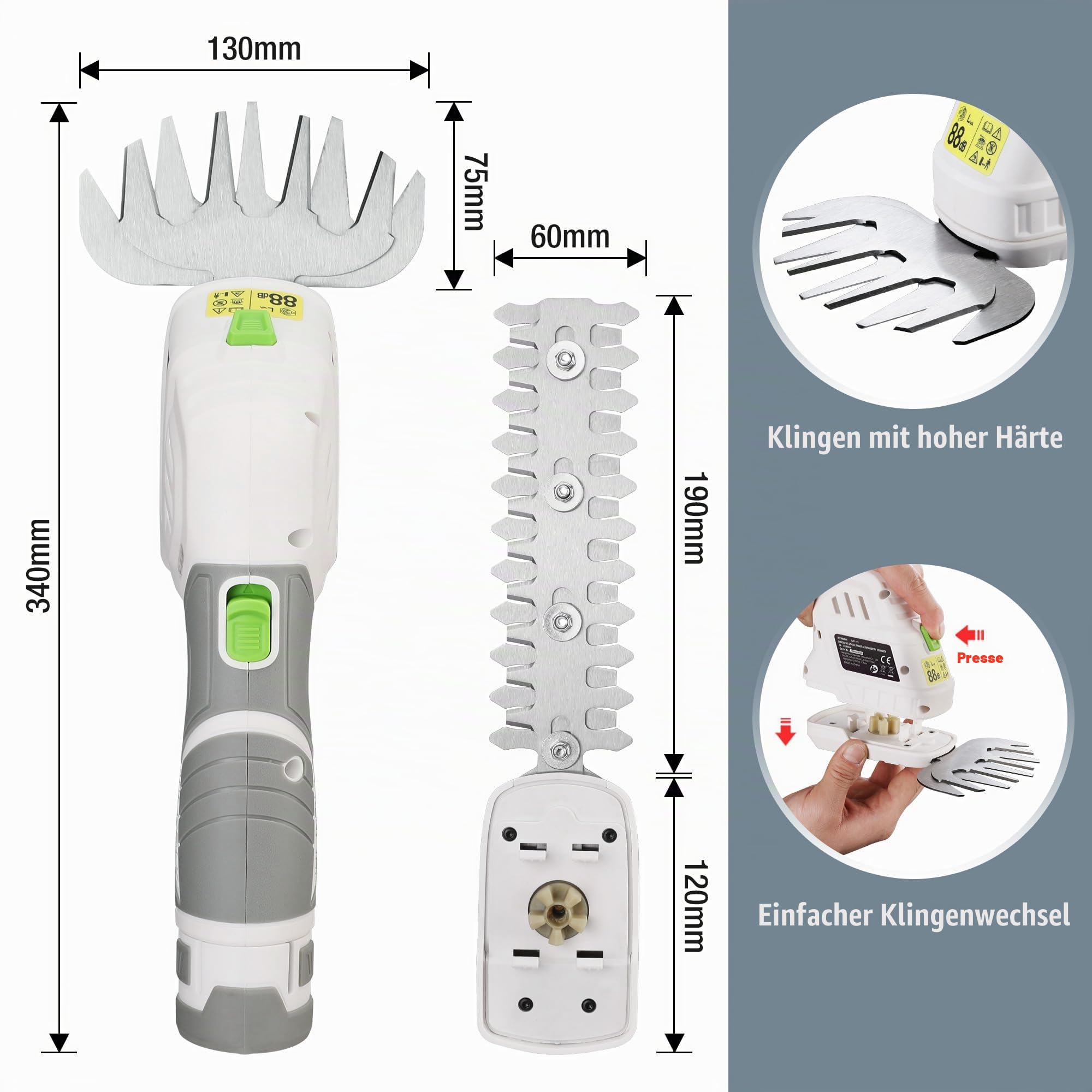 WORKPRO 12V Strauchschere Akku 2-in-1 Weiß, handliche Grasschere mit 2 Messern, 2Ah Akku und Ladegerät, elektrische Heckenschere Rasentrimmer für Gartenarbeit, Schnittbreite 12,5cm, Schnittlänge 16cm | 2 Messern 2Ah Akku und Ladegerät, Heckenschere Rasent
