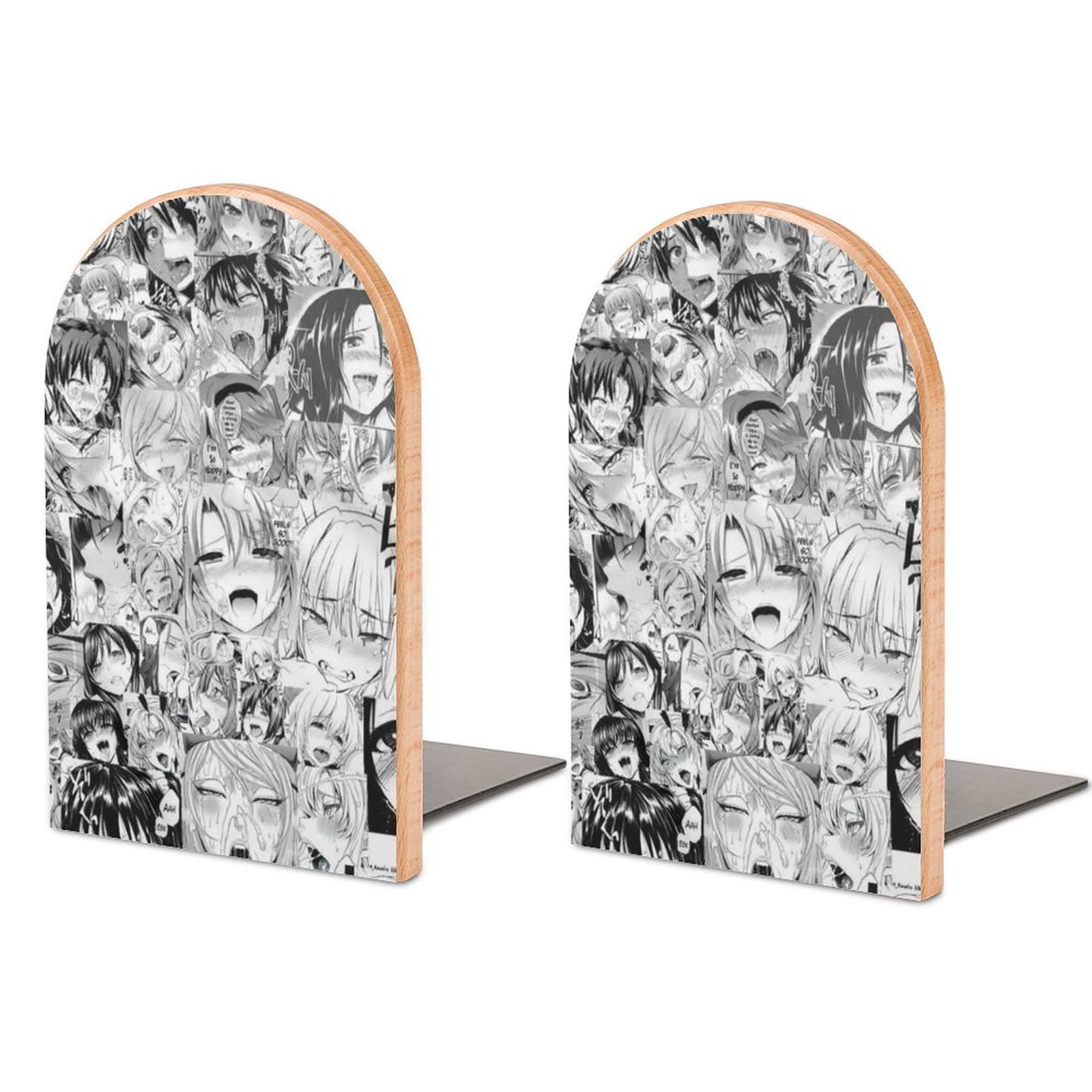 Anime Face Ahegao Wooden Book Ends for Shelves Modern Bookends Book Holder Divider Decorative 1 Pair