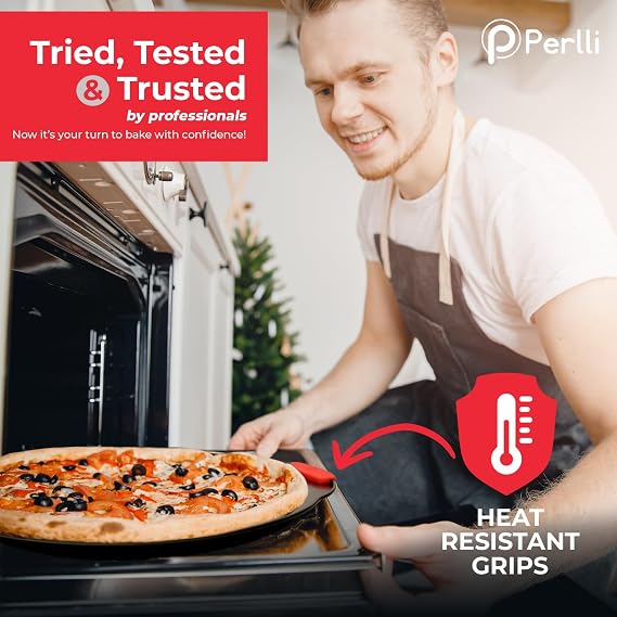 PERLLI Non-Stick 10-Piece Baking Pan Set, BPA-Free Carbon Steel Bakeware Set with Silicone Handles, Stackable Kitchen Oven Set, Cookie Sheet, Baking Tray, Baking Sheet Set, Oven Safe (446F)