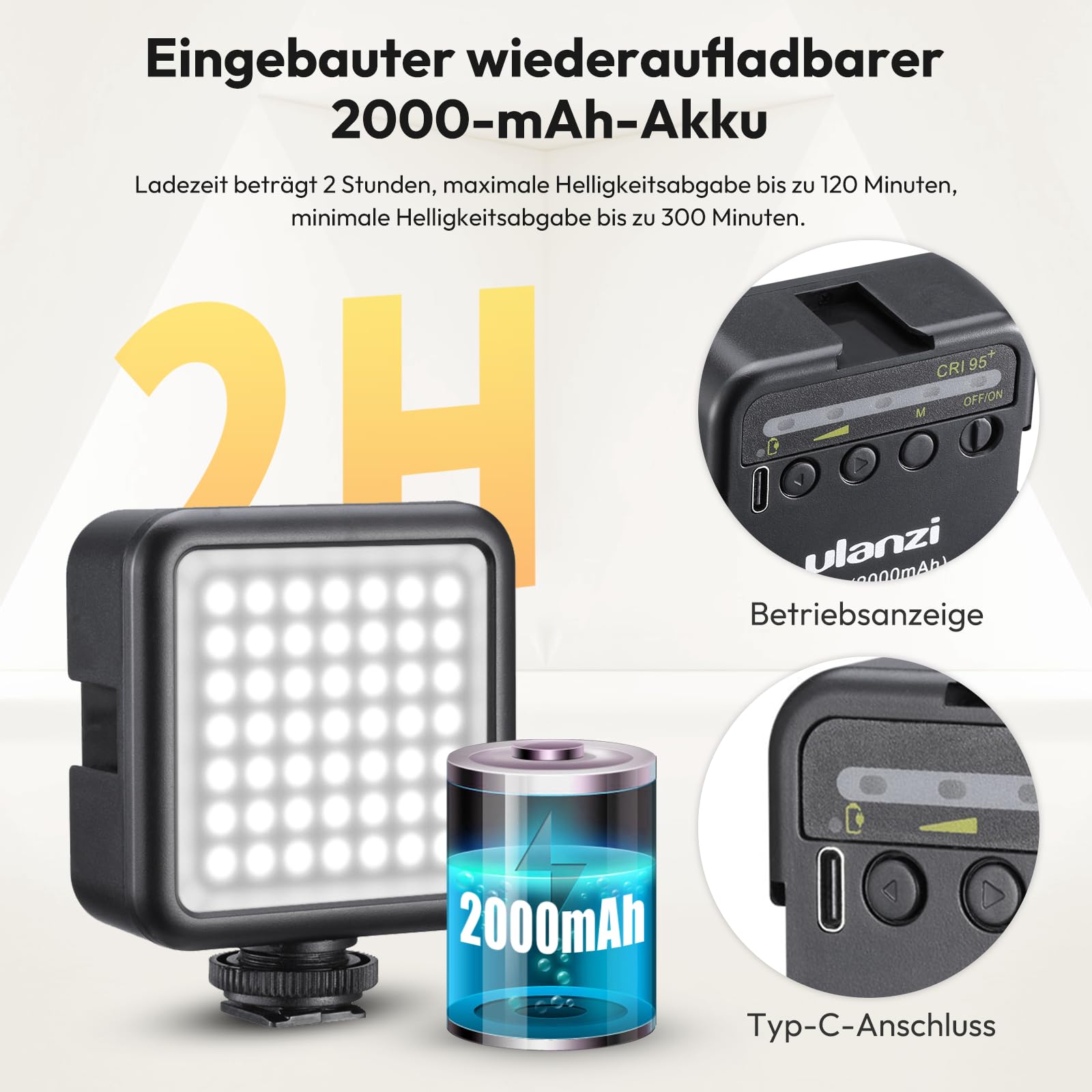 Camera Light, ULANZI VL49 Video Licht mit 2000mAh Akku, LED Videoleuchte 5500K Einstellbar, 3 Cold Shoe für Mikros und Lampen, Dauerlicht für Kamera Foto Schwarz