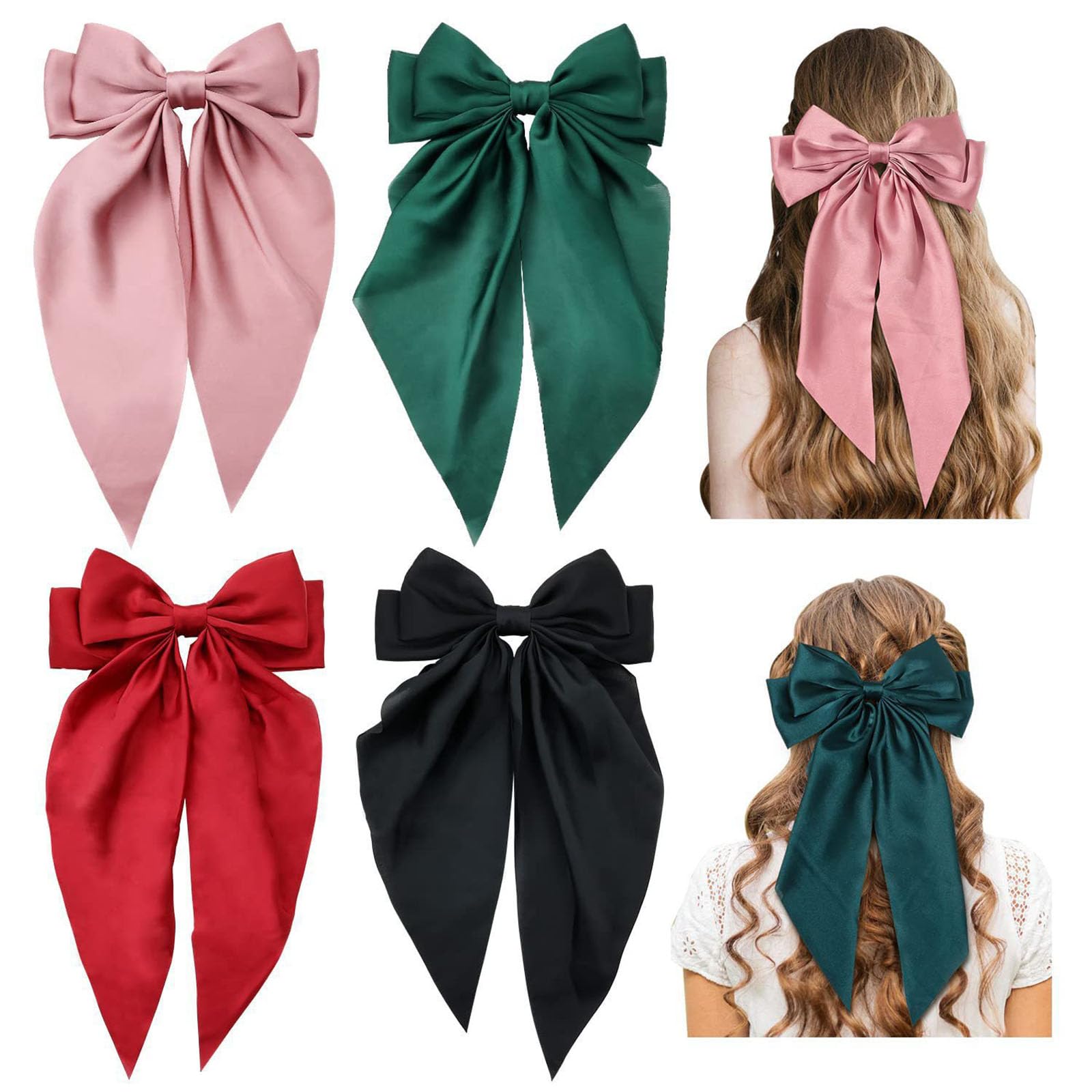 ZOONAI 2Pcs Big Satin Layered Hair Clip for Women Girls Large Long Bow Hair Clip Bowknot Hairpin Hair Accessories (Green Red) - Image 3