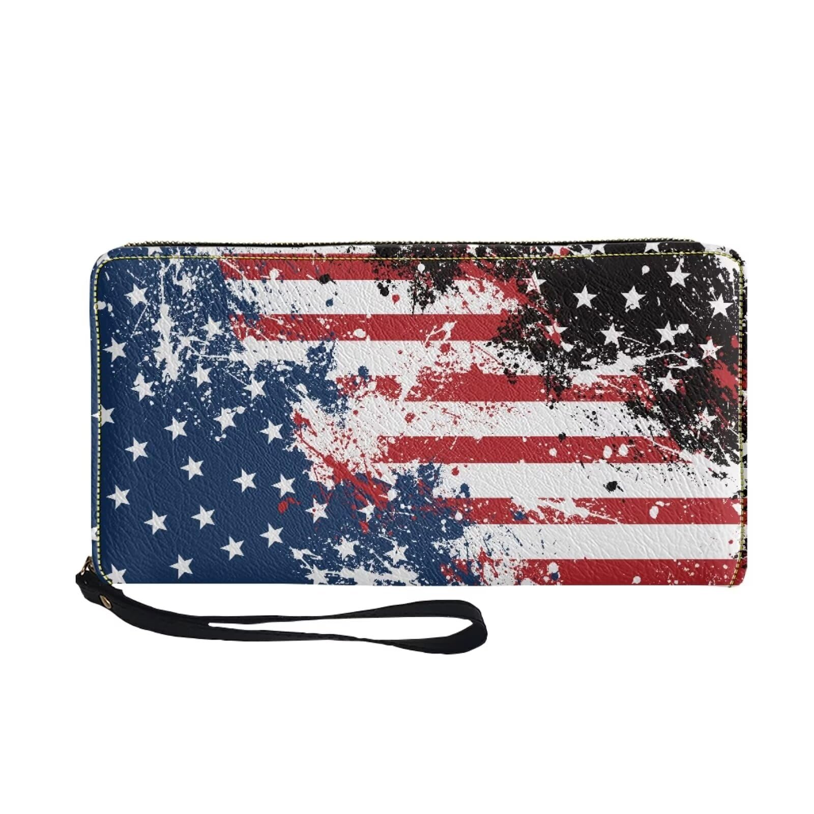 UINDDWCB Leather Wallets with Strap White Print Purse for Men American Flag Novelty Shopping Business Travel Money Clips Long Style for Men
