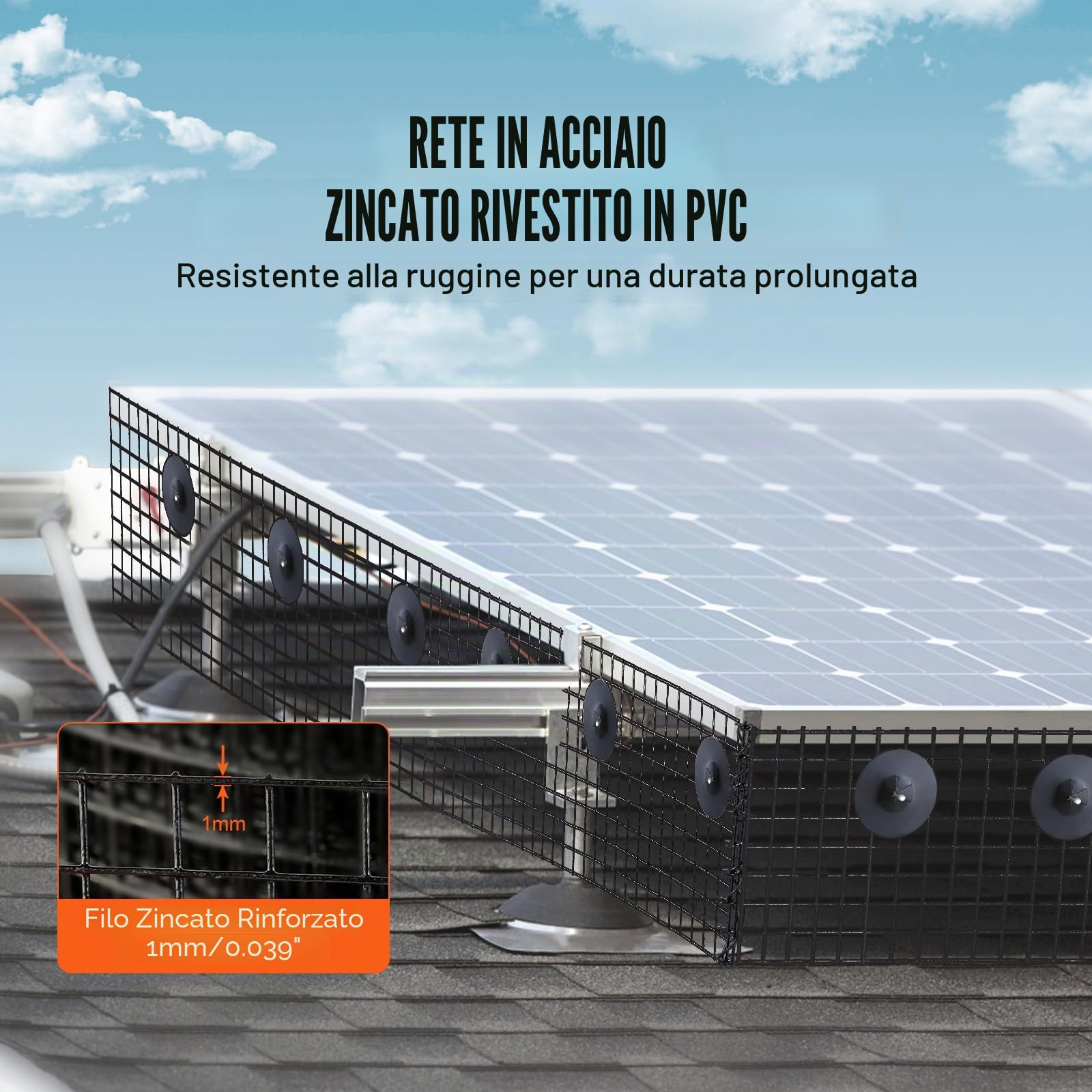 VEVOR Protezione per uccelli per pannelli solari, 15,2 cm x 30,4 m, antipiccioni, griglia solare con 100 chiusure in acciaio inox, protezione per pannello solare con rivestimento in PVC, 1,27 cm