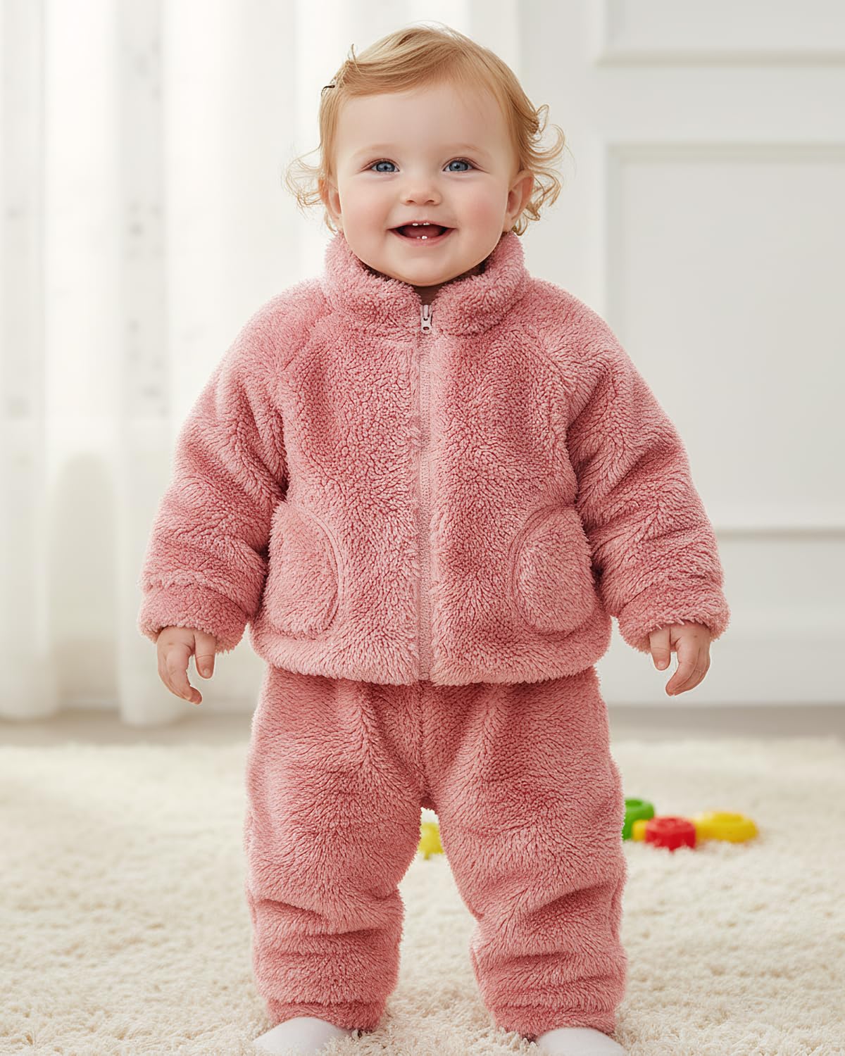 JiAmy Dziecięcy strój dla dziewczynek, zestaw zimowych polarów, 2 sztuki, zamek błyskawiczny, długi rękaw, spodnie, bluza, unisex, piżama, zestawy odzieży dla 1-5 lat