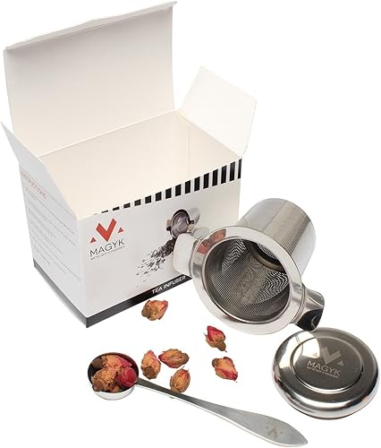 Infusor de té de alta calidad, cuchara y tapa 2 en 1bandeja de goteo. Colador resistente al óxido y malla extra fina filtra perfectamente tu té de