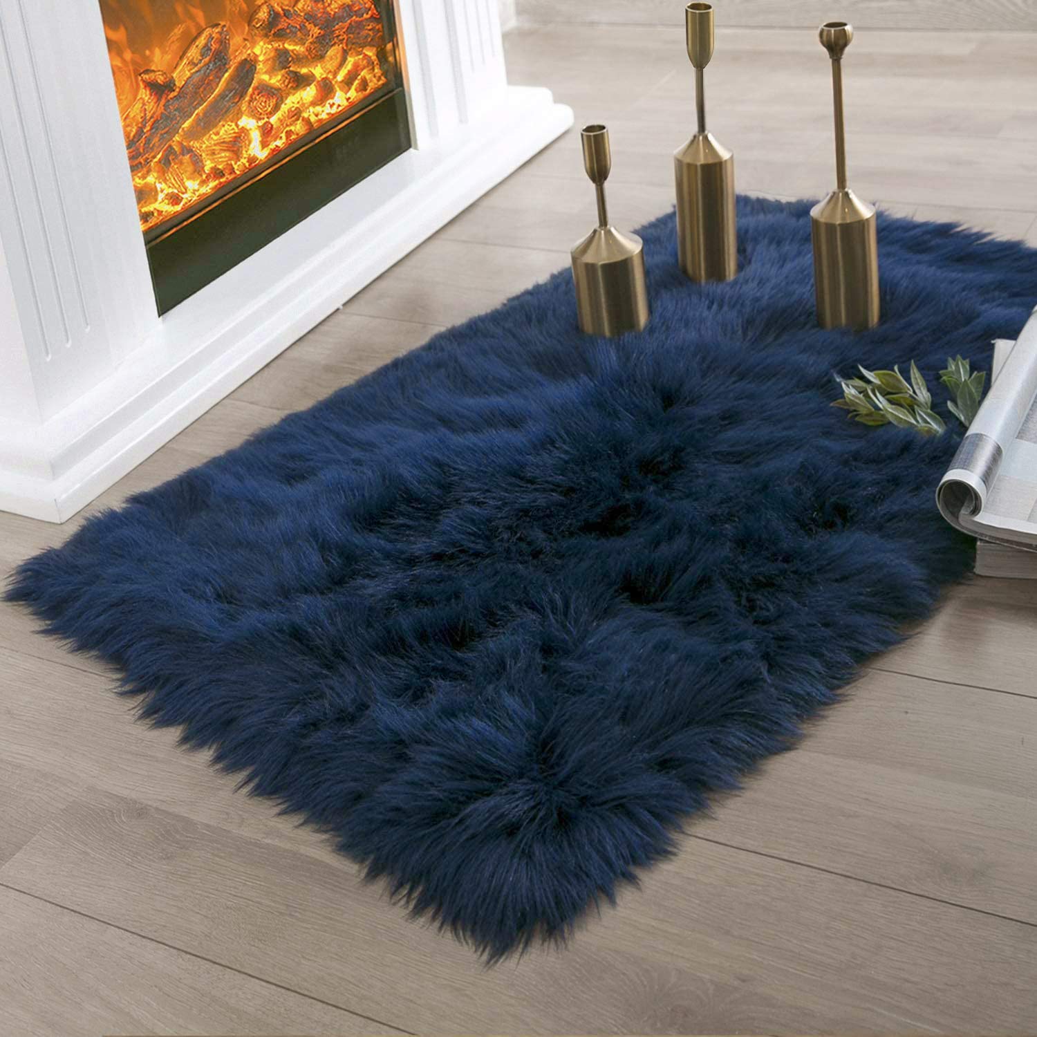 Ashler Faux Fur Rectangular Rug, Fluffy Shaggy 2 x 2.9 ft, Navy Blue, Ultra Soft, Machine Washable, Nursery to Living Room