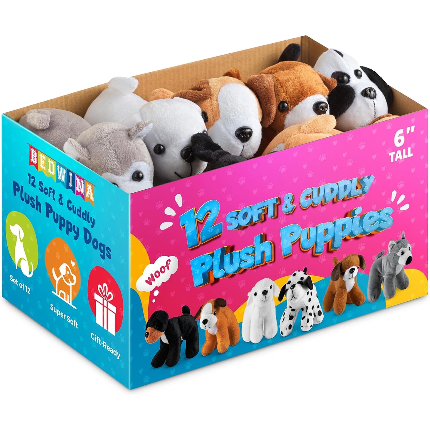 Bedwina Plüsch-Hündchen – (Packung mit 12) 15,2 cm große Kuscheltiere, sortierte Welpen und niedliches Plüsch-Hundewelpen-Sortiment, Strumpffüller