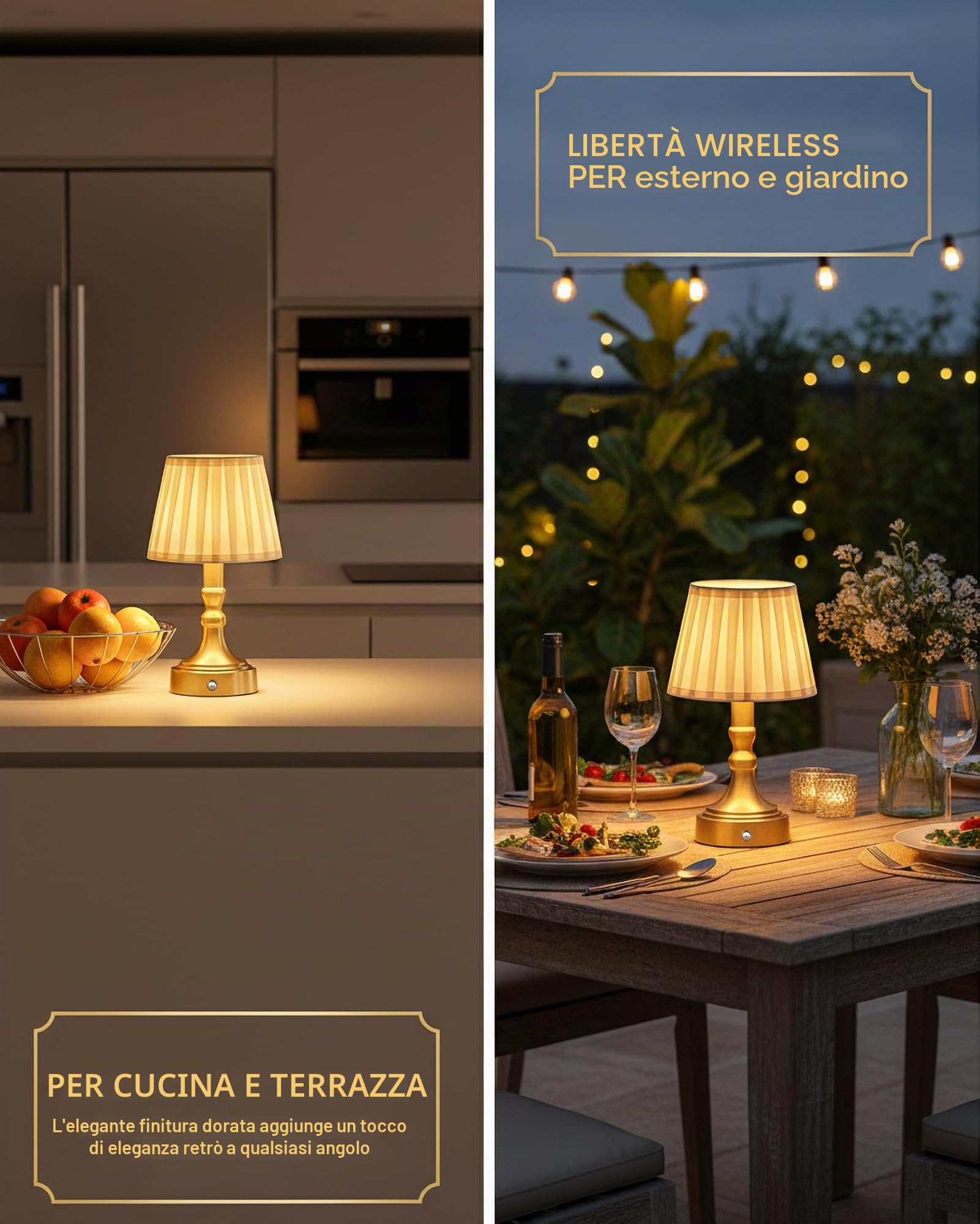 ACMHNC Lampada Tavolo Ricaricabile Dorata, Dimmerabile Touch, 2700K | Lampada da Comodino Senza Fili 4000 mAh, Paralume in Tessuto, Retrò per Camera, Soggiorno, Terrazza, Ristorante