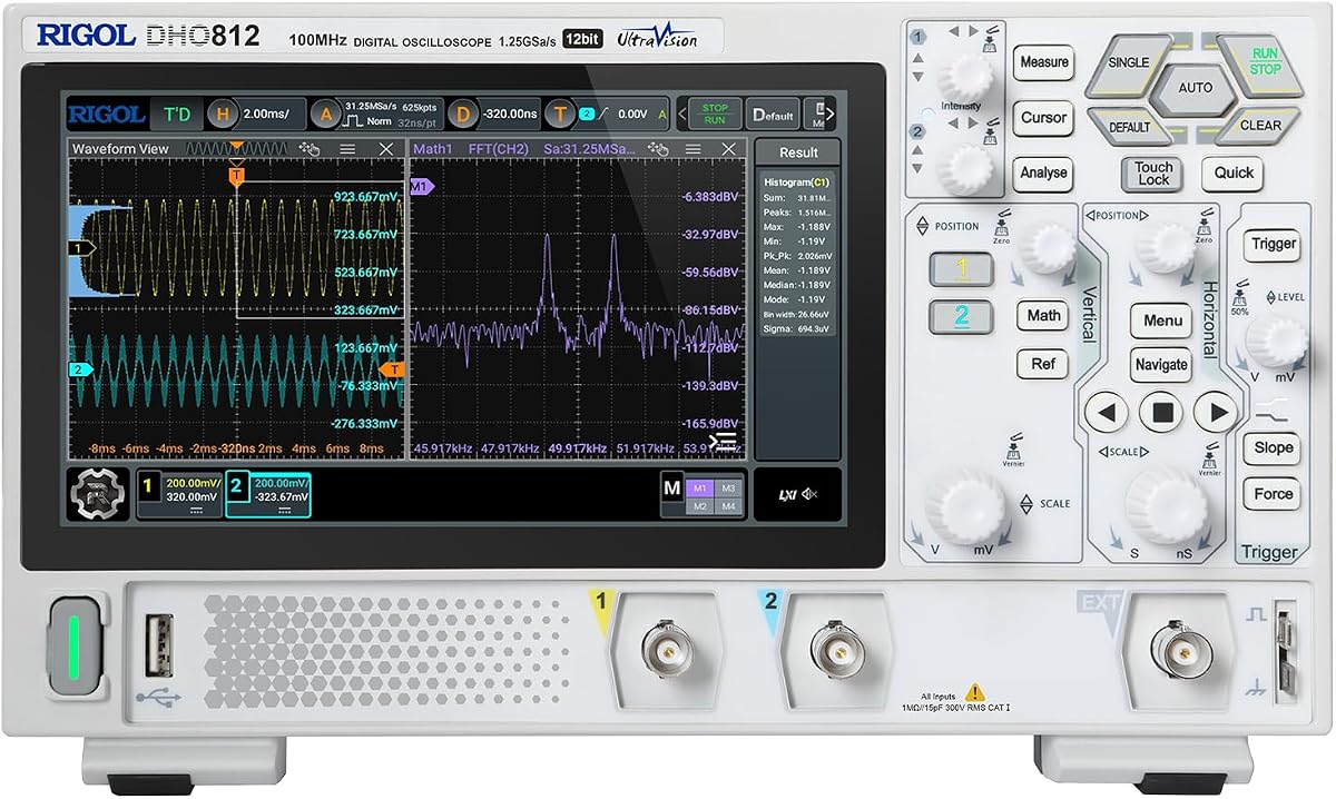 RIGOL DHO812 Portable Digital Oscilloscope, 100MHz, 2CH, 12-Bit Resolution | 12-bit high resolution, ultra-low noise floor, 7" touch screen, Type-C power, compact portable design for lab & field