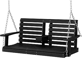 KINGYES Outdoor Hanging Patio Swing Chair, 2 Seat Swing with Cup Holders, Waterproof Bench for Courtyard & Garden, 660LBS Weight Capacity, Black