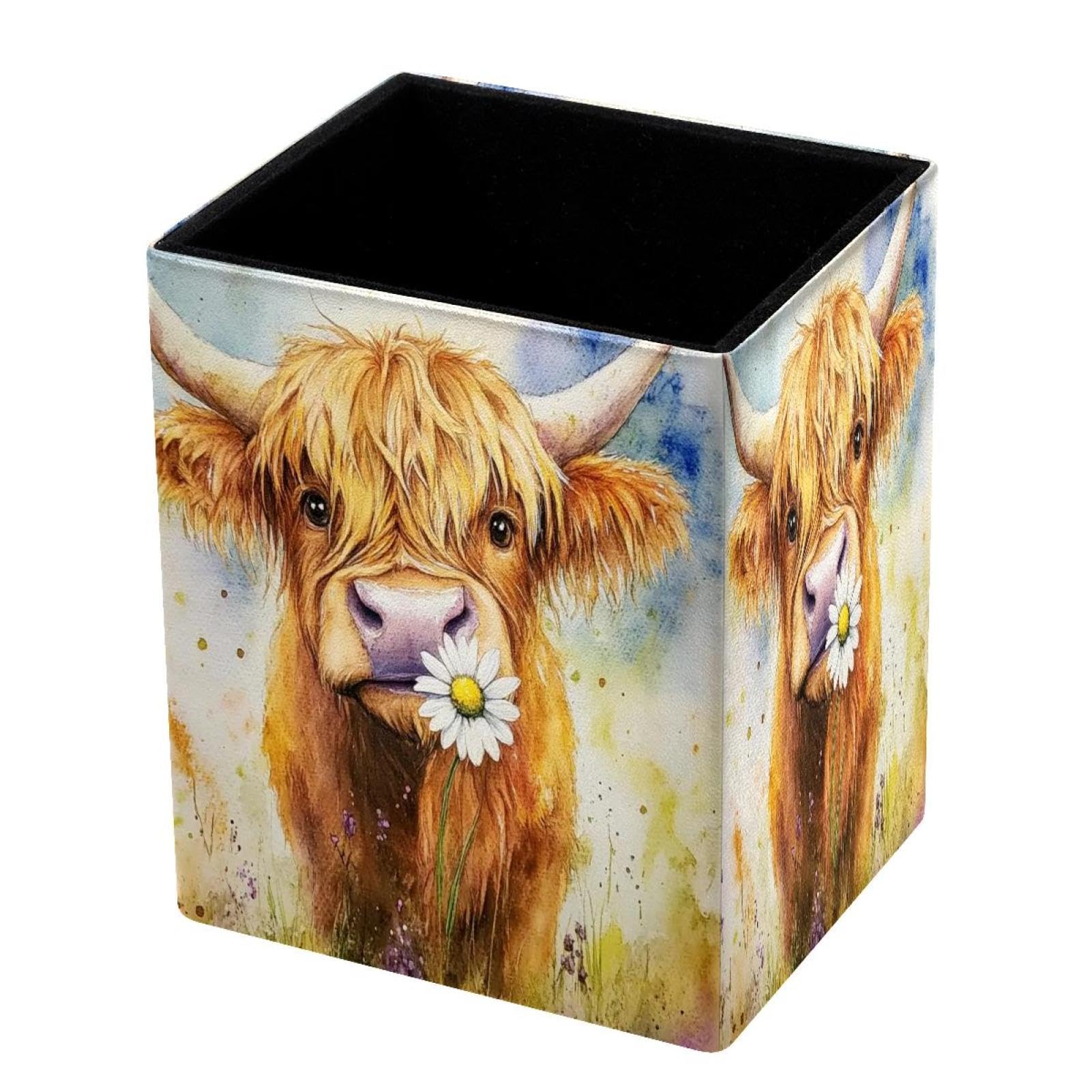 DragonBtu Desktop Pencil Holder, Watercolor Cow Rectangular Pencil Cup, Pencil Storage Bag Office Desk Supplies Case for School, Kids