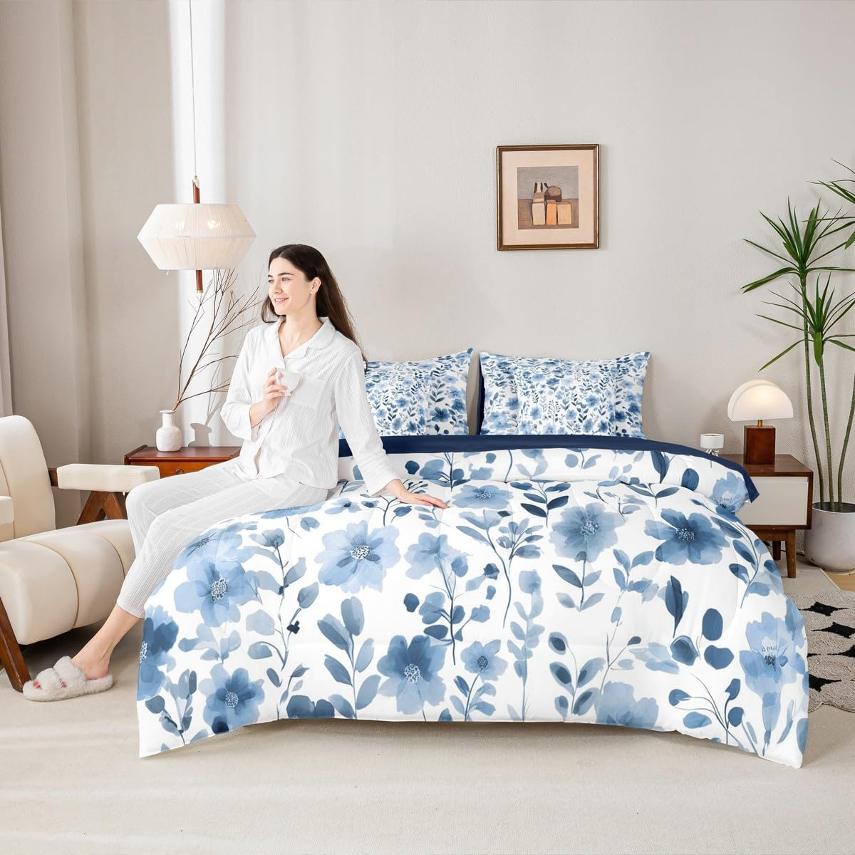Erosebridal Blue and White Floral Twin Comforter Set with Sheets,Vintage Navy Blue Flower Bedding Set 7 Piece Bed in a Bag for Kids Girls,Botanical Plant Leaf Flowers Bed Set with Fitted+Flat Sheet image 3