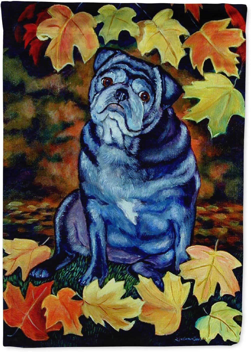 Caroline's Treasures 7159CHF Old Black Pug in Fall Leaves House Flag Large Porch Sleeve Pole Decorative Outside Yard Banner Artwork Wall Hanging, Polyester, House Size, Multicolor