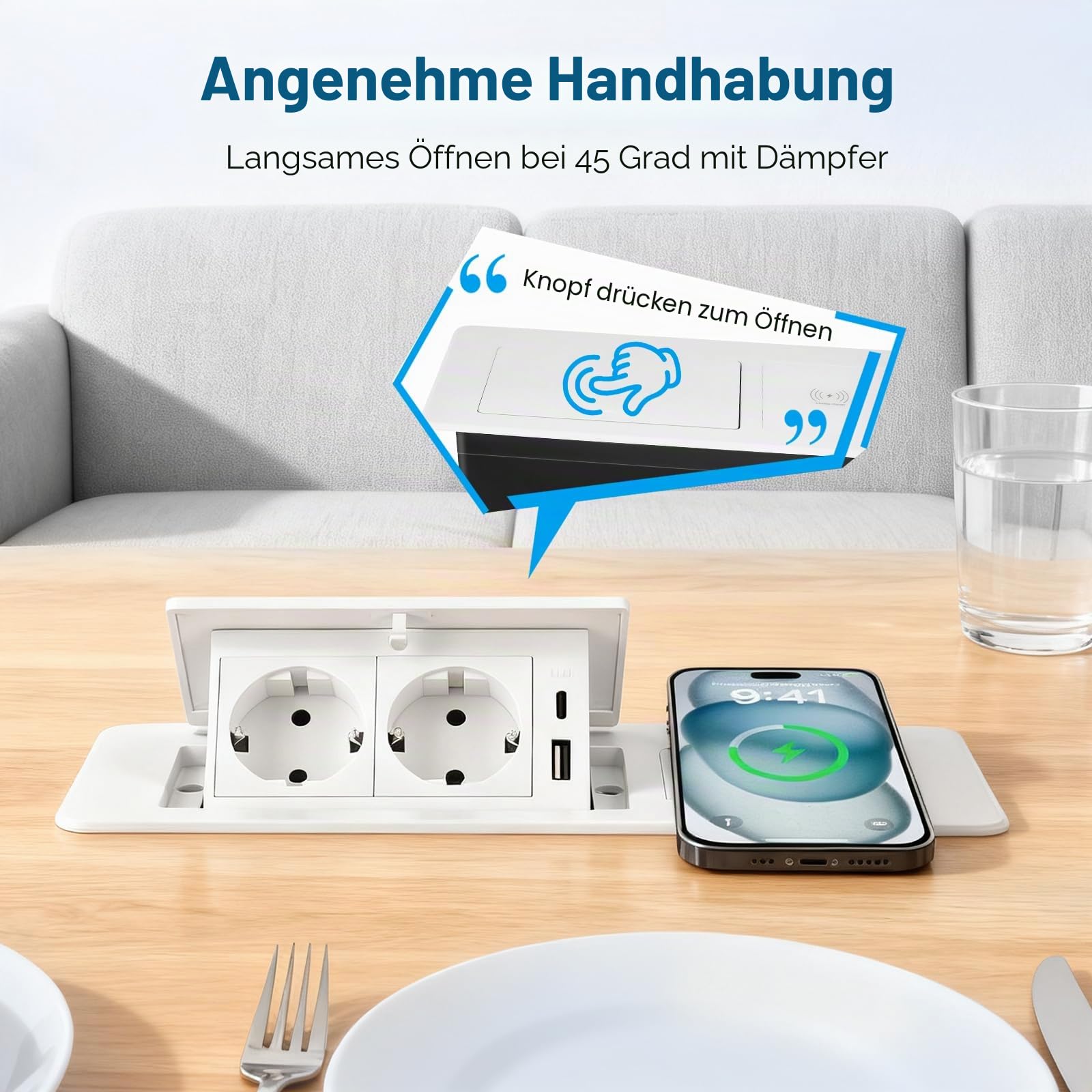 5 in 1 Versenkbare Steckdose Einbausteckdose mit Kabellosem, Ladegerät PD20W Schnelllade USB C Tischsteckdose für Arbeitsplatte,Schreibtisch mit 1.8M Kabel Winkel verstellbar für Küche Büro