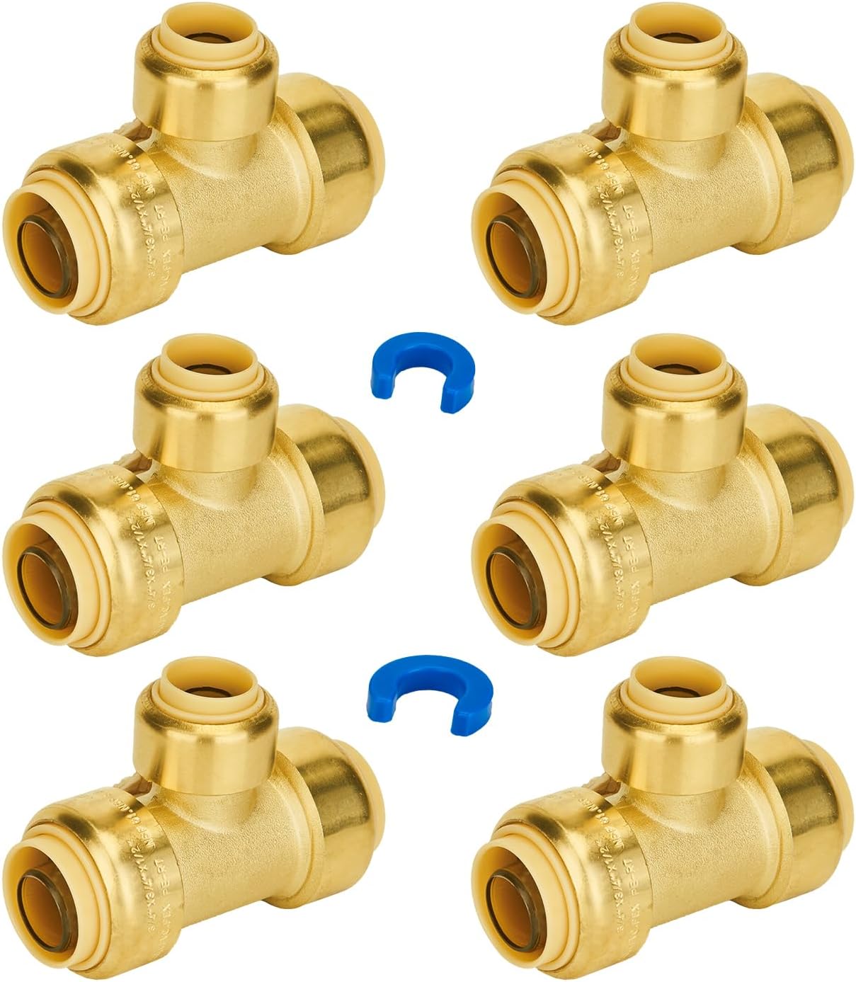 SUNGATOR 3/4 Inch x 3/4 Inch x 1/2 Inch Reducing Tee, No Lead Brass Push to Connect Plumbing Fittings to Connect PEX, Copper, CPVC, With 2 Disconnect Clips, Pack of 6