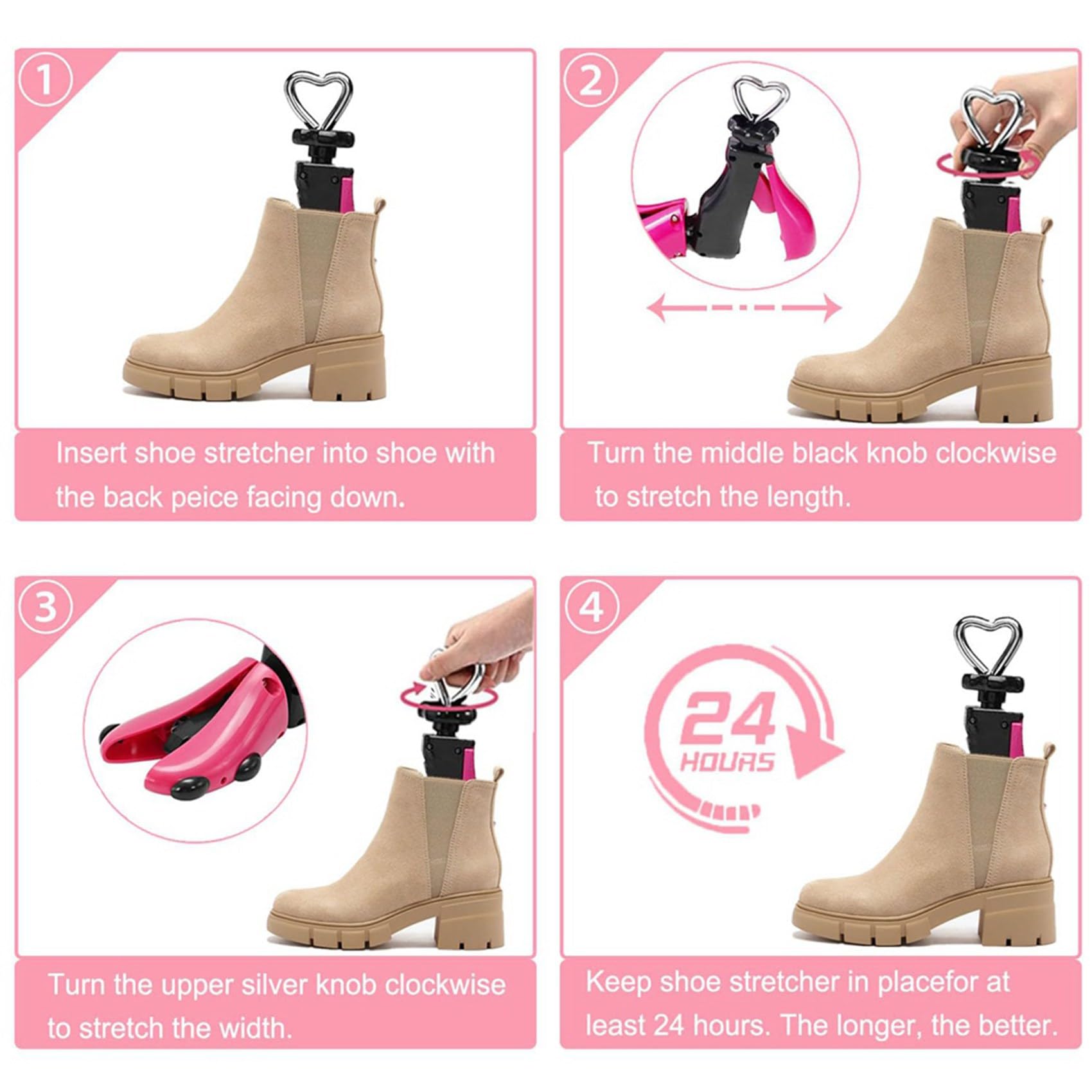 2X Ensanchador de Zapatos para Botas para Hombres, Expansor de Hormas para Mujeres, y Elástico, Botas Unisex Ajustables con Pies Anchos Rosa