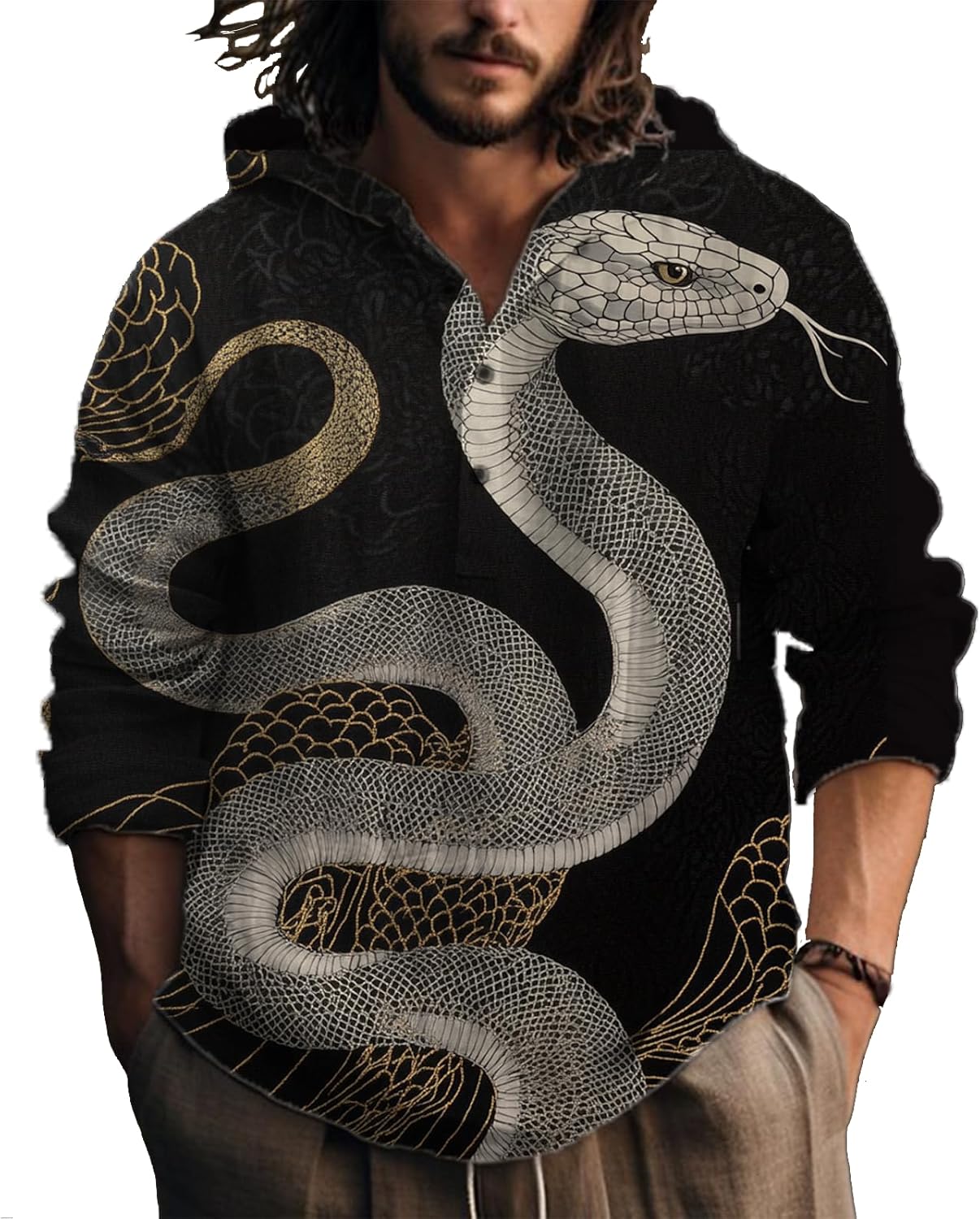 MARSVOVO Japanese Shirts For Men Japanese Art Print Long Sleeve Hooded Hoodie Novelty Graphic Button Up Yoga Pullover