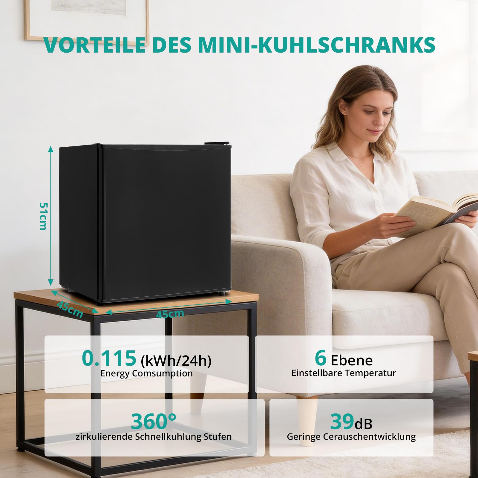 SMETA Mini Kühlschrank 45L, Klein Kühlschrank Leiser, 39dB Getränkekühlschrank 6-Stufen Thermostat 0-10°C, Minibar mit wechselbarem Türanschlag für Zuhause Büro Camping Schlafzimmer, Schwarz