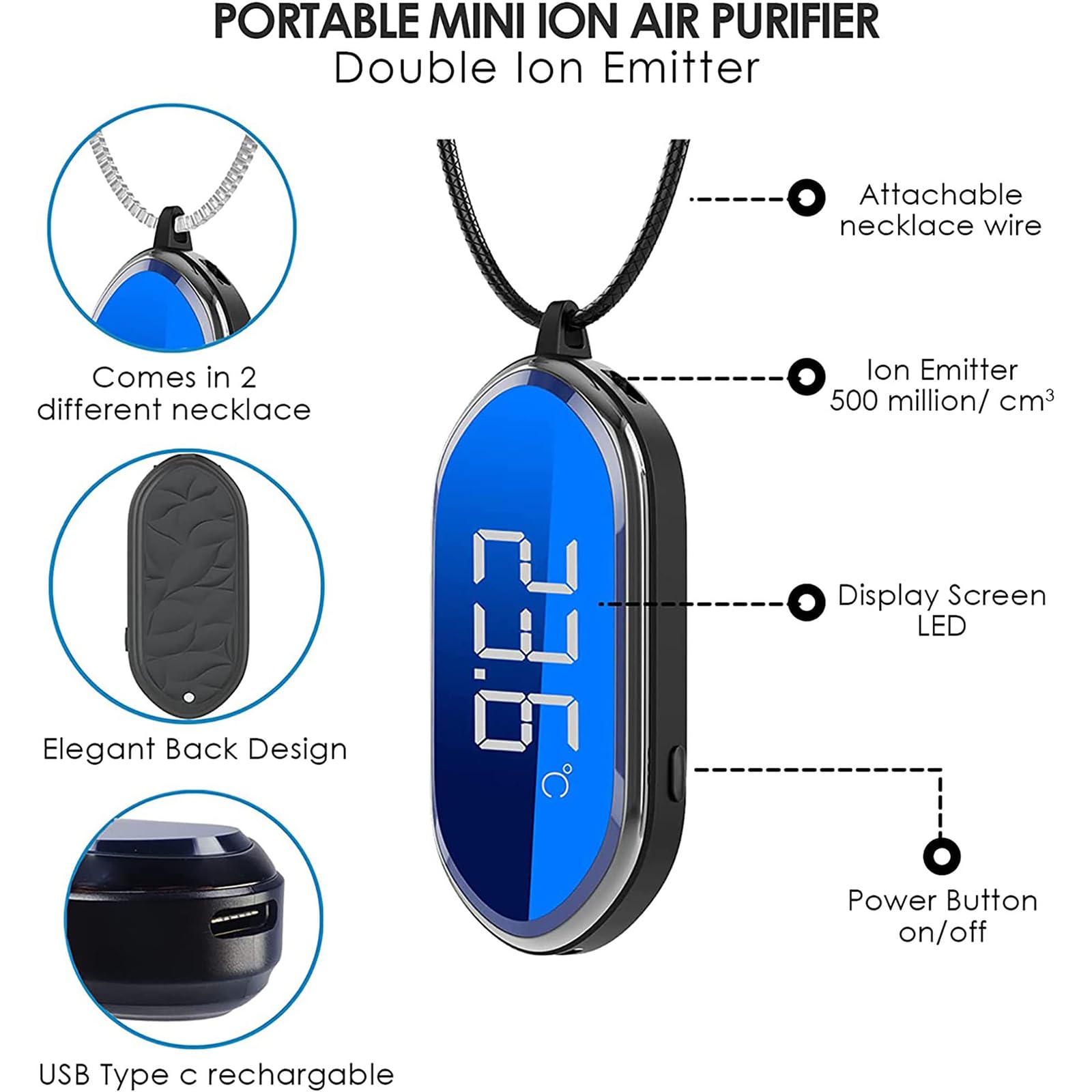Collar purificador de aire personal, ionizador portátil con control de temperatura y humedad, purificador de aire recargable portátil para coche, oficina, dormitorio y avión