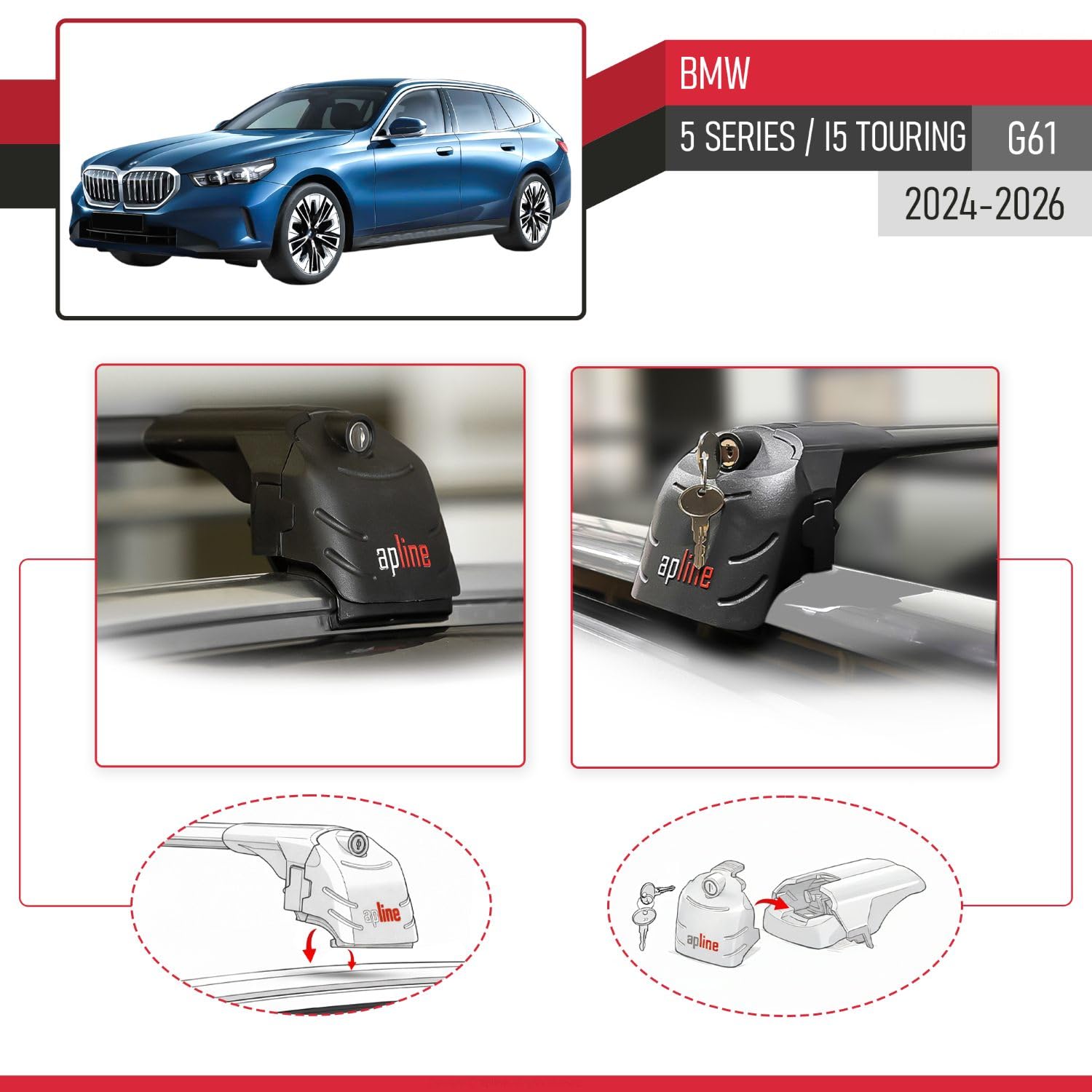 Compatible con BMW Serie 5 / i5 Touring (G61) 2024-2026 Modelo Ace-2 Barra de Techo Auto Portaequipajes Barras Transversales Negro Aluminio 2 Barras