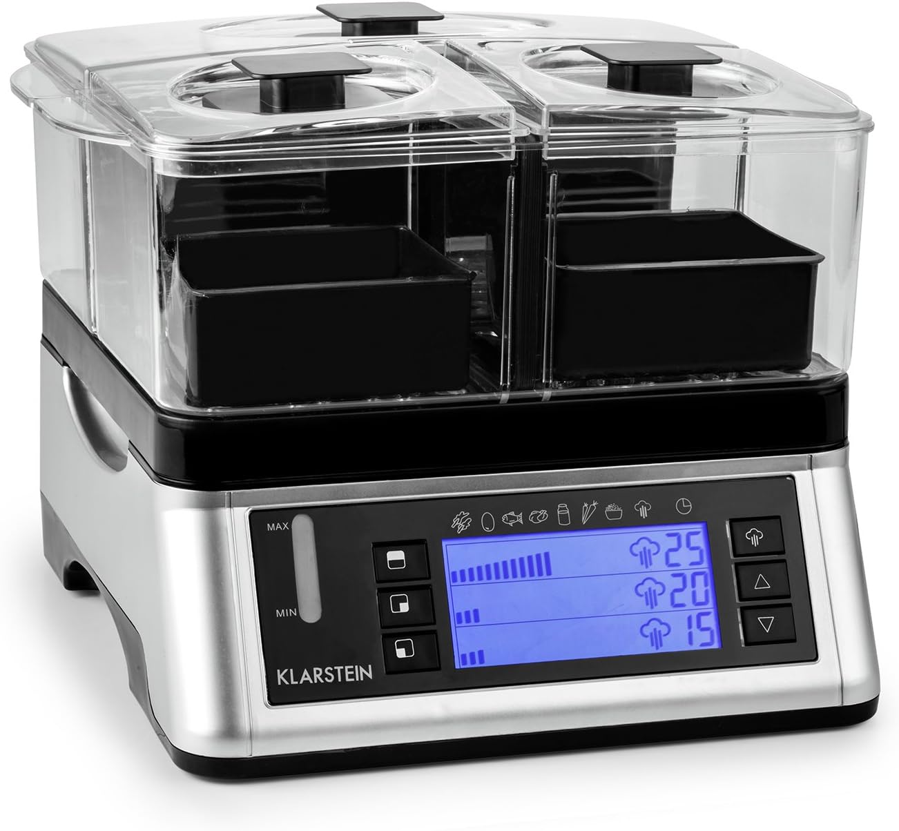 KLARSTEIN Electric Food Steamer, 1500 W, 7 Programs, 1 x Large and 2 x Small Cooking