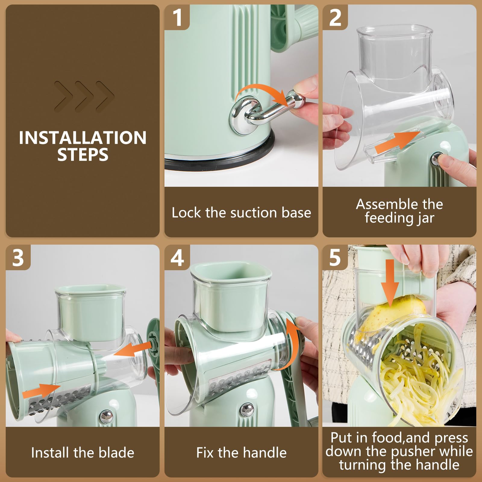 Rallador giratorio de queso y rebanador de mandolina con 5 cuchillas intercambiables, corte sin esfuerzo para queso, verduras, frutas, frutos secos, diseño fácil de limpiar para uso en cocina