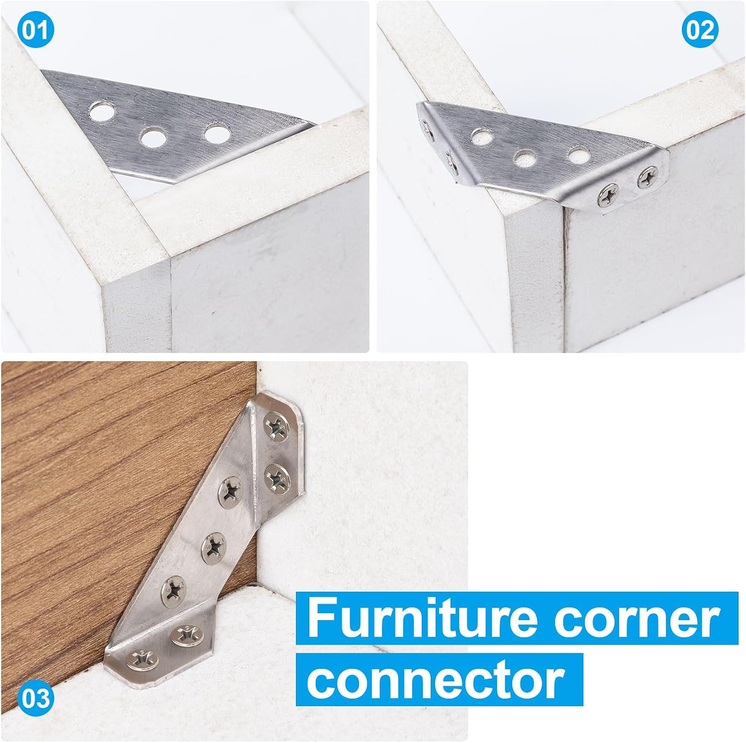 Pndeyo Universal Stainless Steel Furniture Corner Connector 10pcs with 70pcs Screws, Angle Corner Bracket for Wood Shelf Cabinet Table Chair, Furniture Corner Brace Angle Fasten Connector