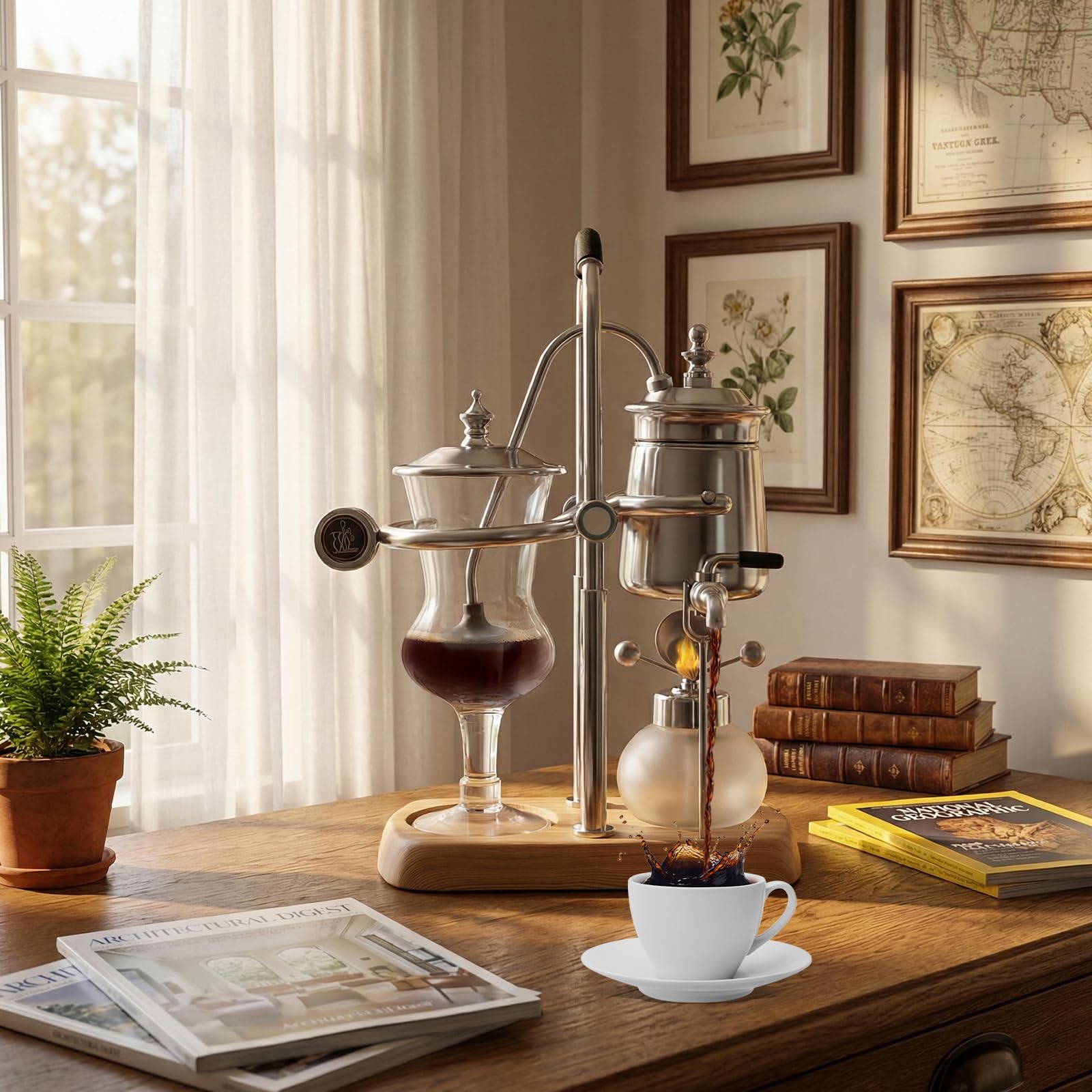 Luxury Siphon Balance Kaffeemaschine, Siphon Kaffeemaschine Set, Retro Kaffeemaschine, Vakuum-Kaffeebereiter, Kaffee- und Teebrüher, Naturholzsockel und Deckelknauf (Silber)