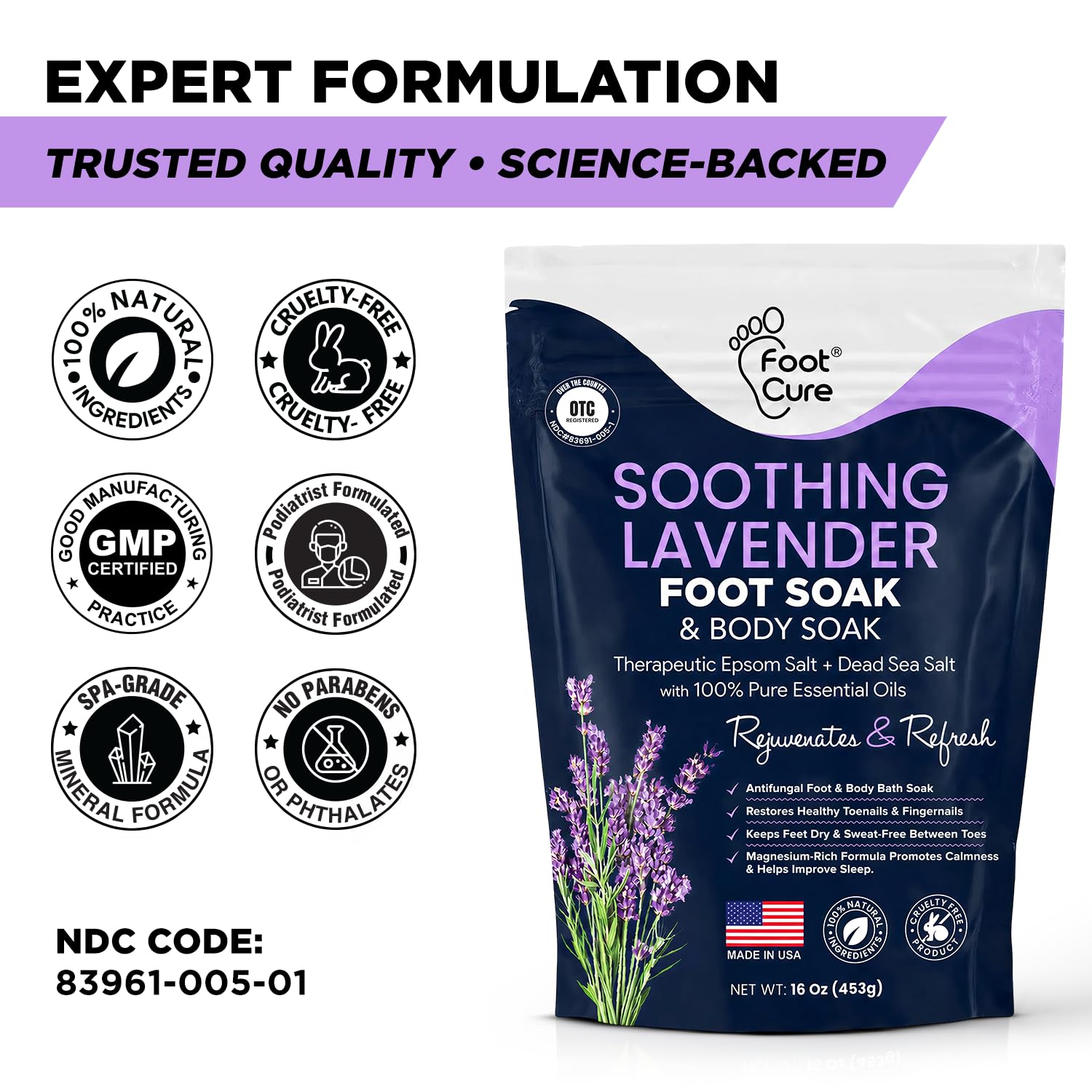 Soothing Lavender Foot Soak with Epsom Salt - Best Toenail Treatment & Softens Calluses - Soothes Sore & Tired Feet, Foot Odor Scent, Spa Pedicure - Made in USA 16 oz