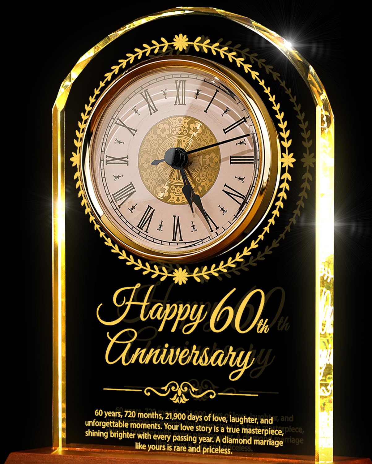 60th Wedding Anniversary Crystal Quartz Clock with Wooden Light Base,60 Years of Marriage Gift,Happy Diamond Anniversary Decoration Gift,for Parents,Grandparents,Couple