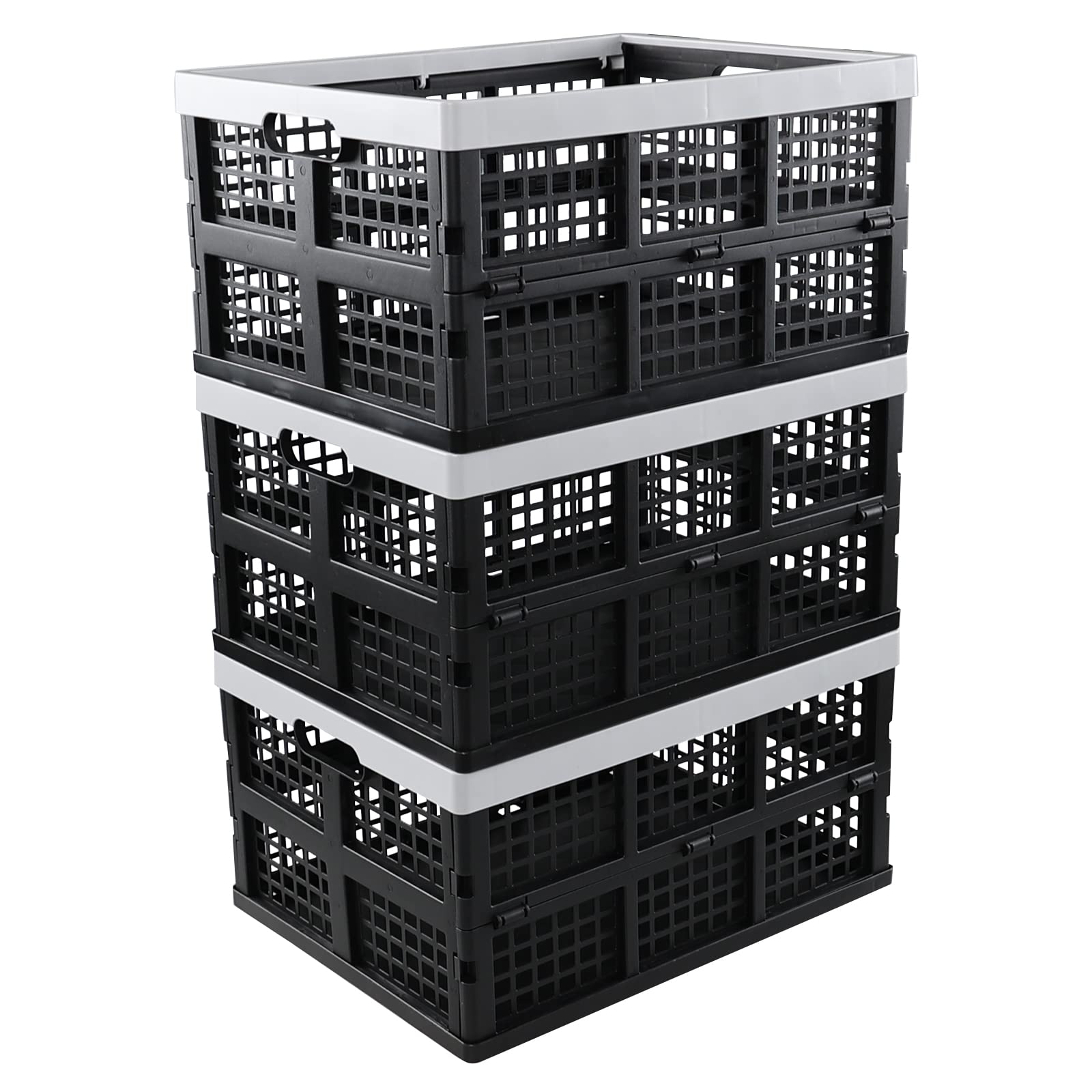 Vareone White And Grey Strong Folding Collapsible Plastic Storage Crates Boxes Stackable Basket 30L (Pack Of 3)