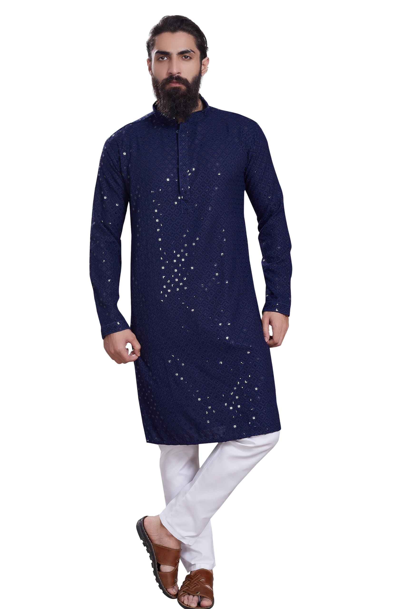Divisive Men's Sequince Embroidered Cotton Blend Only Slim Fit Kurta (Dkrt229_L_Navy Blue)